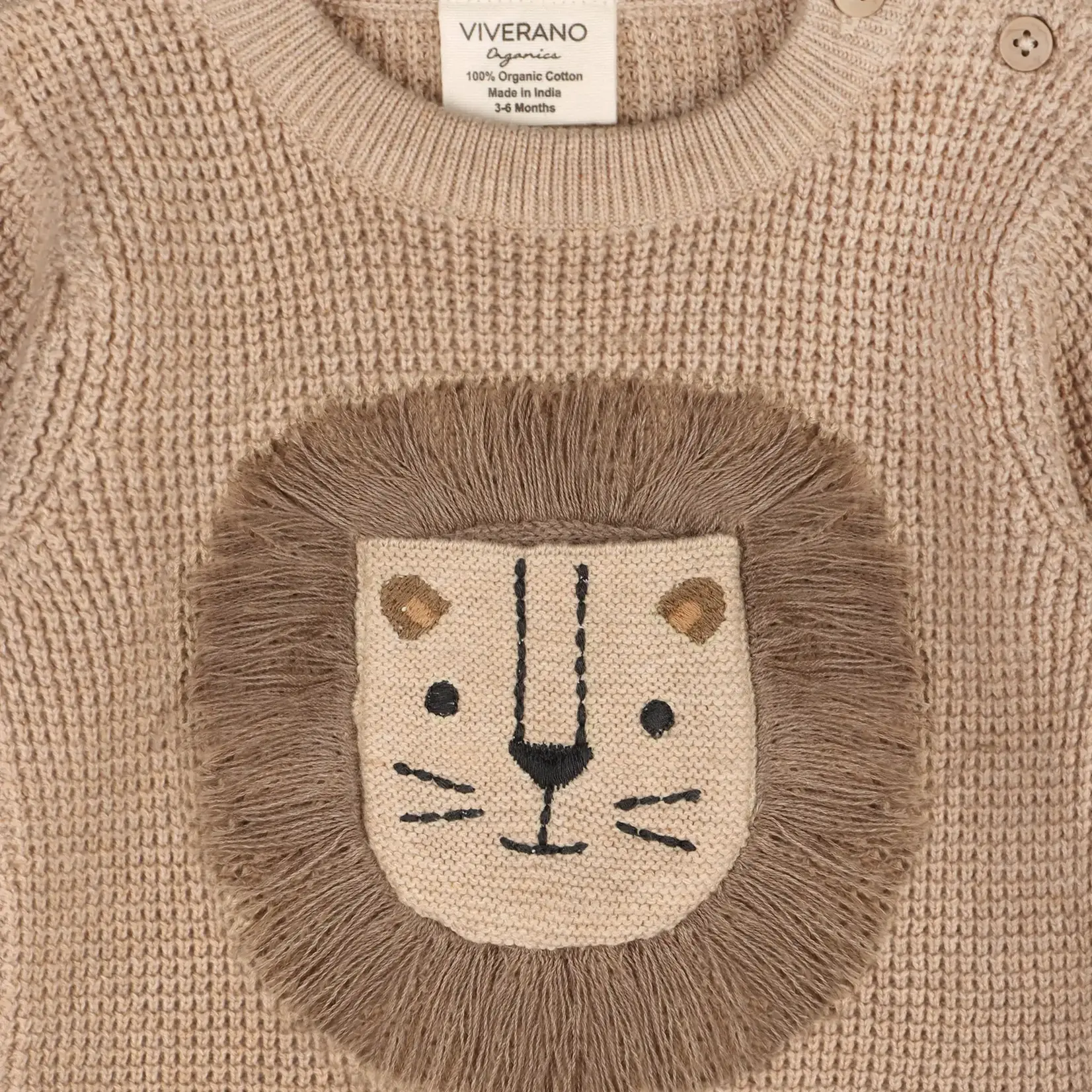 Viverano Organics Lion Applique Chunky Knit Baby Jumpsuit - Oat Heather