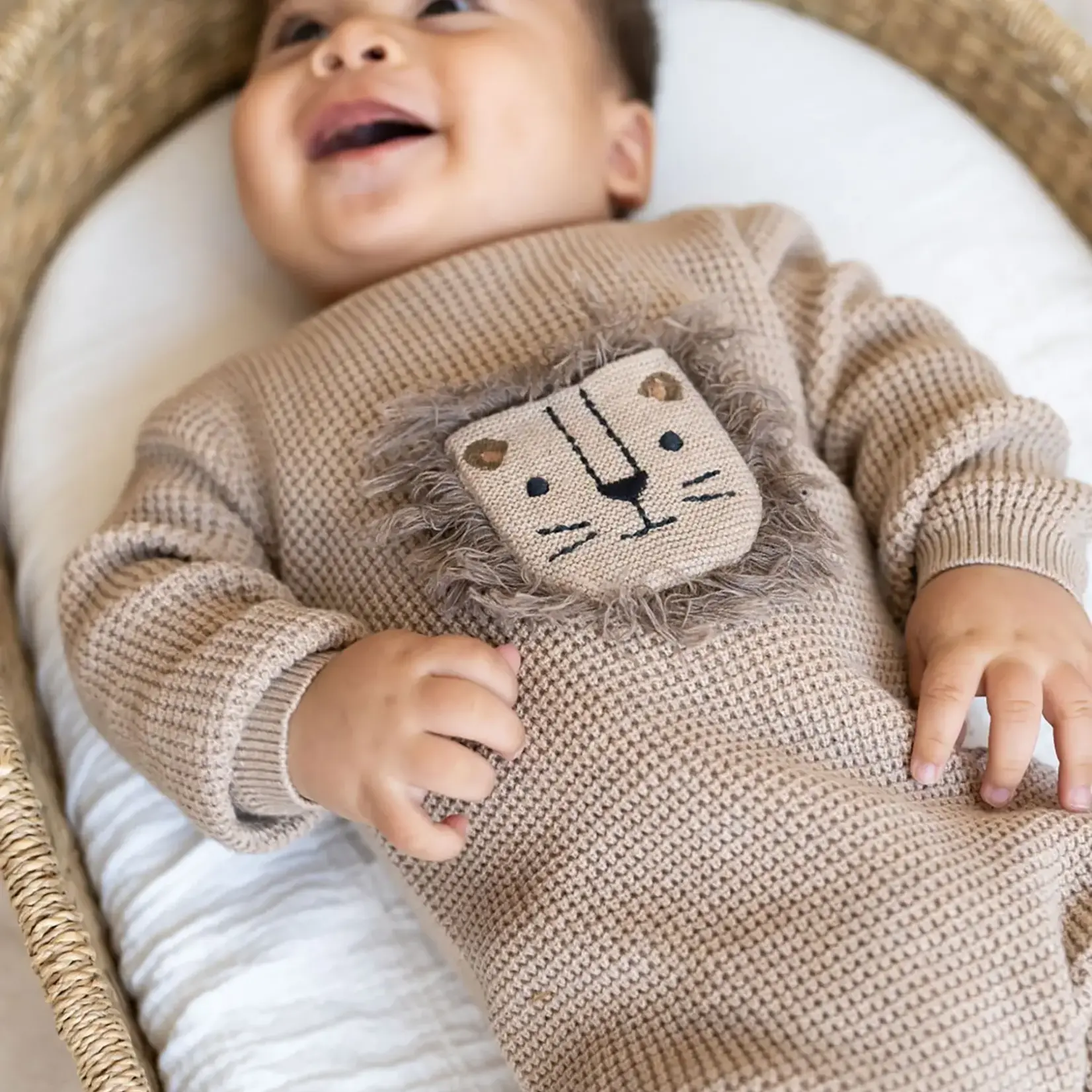 Viverano Organics Lion Applique Chunky Knit Baby Jumpsuit - Oat Heather