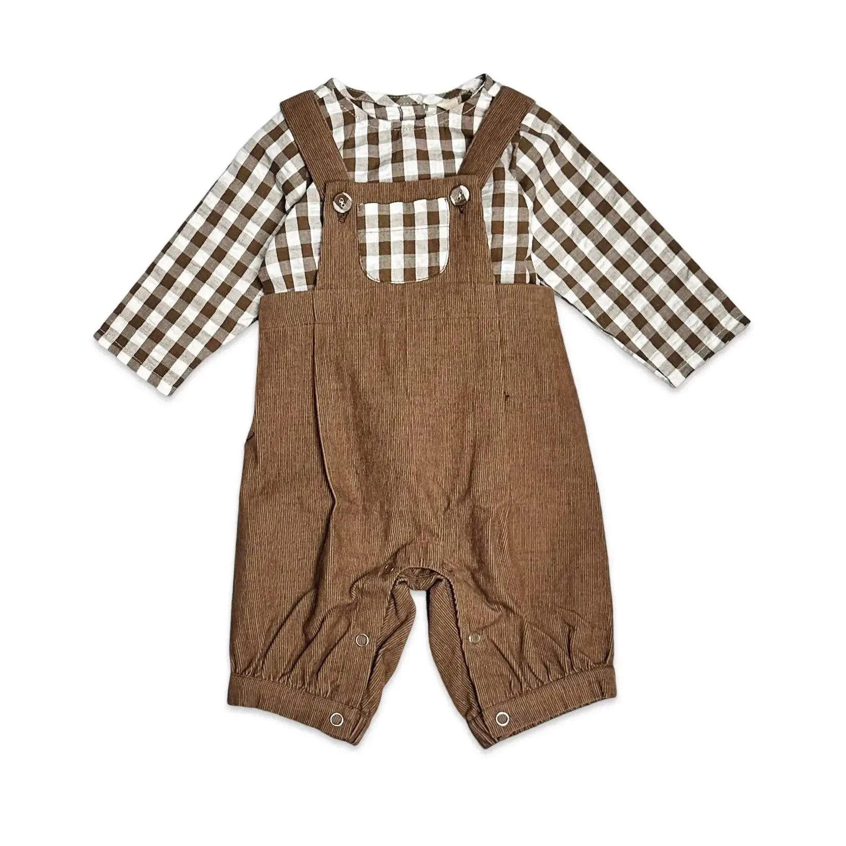 Viverano Organics Gingham Muslin Shirt & Corduroy Overall Set - Earth Brown