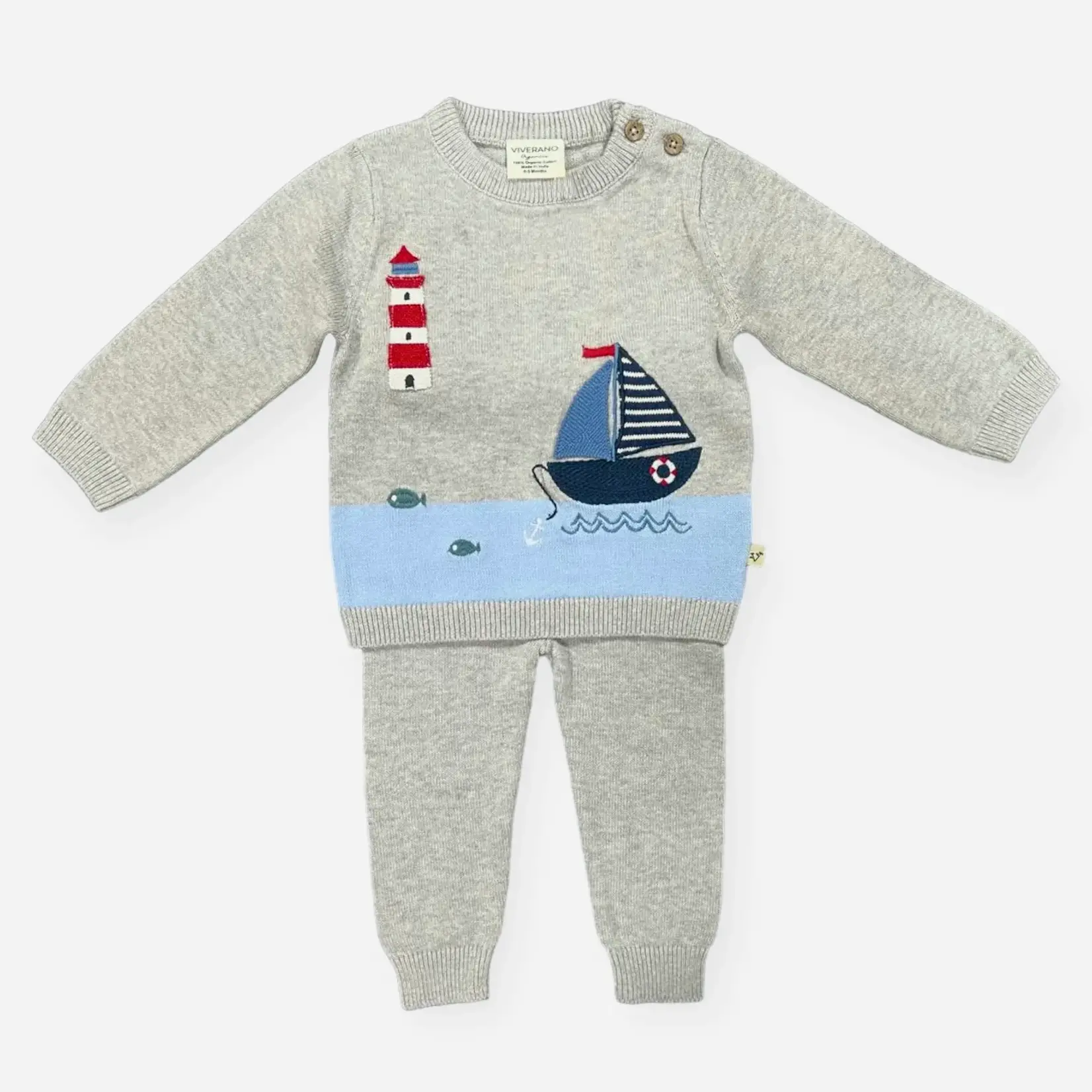 Viverano Organics Lighthouse & Boat Knit Pullover & Pants Set - Grey Heather