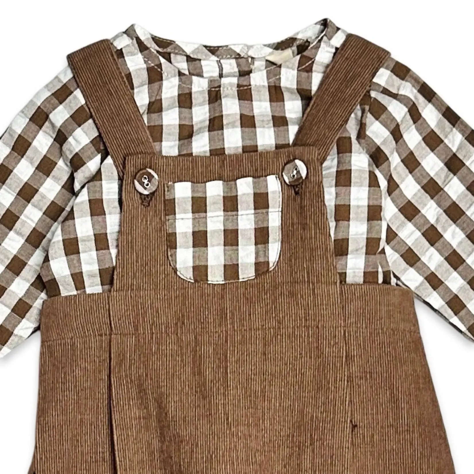 Viverano Organics Gingham Muslin Shirt & Corduroy Overall Set - Earth Brown