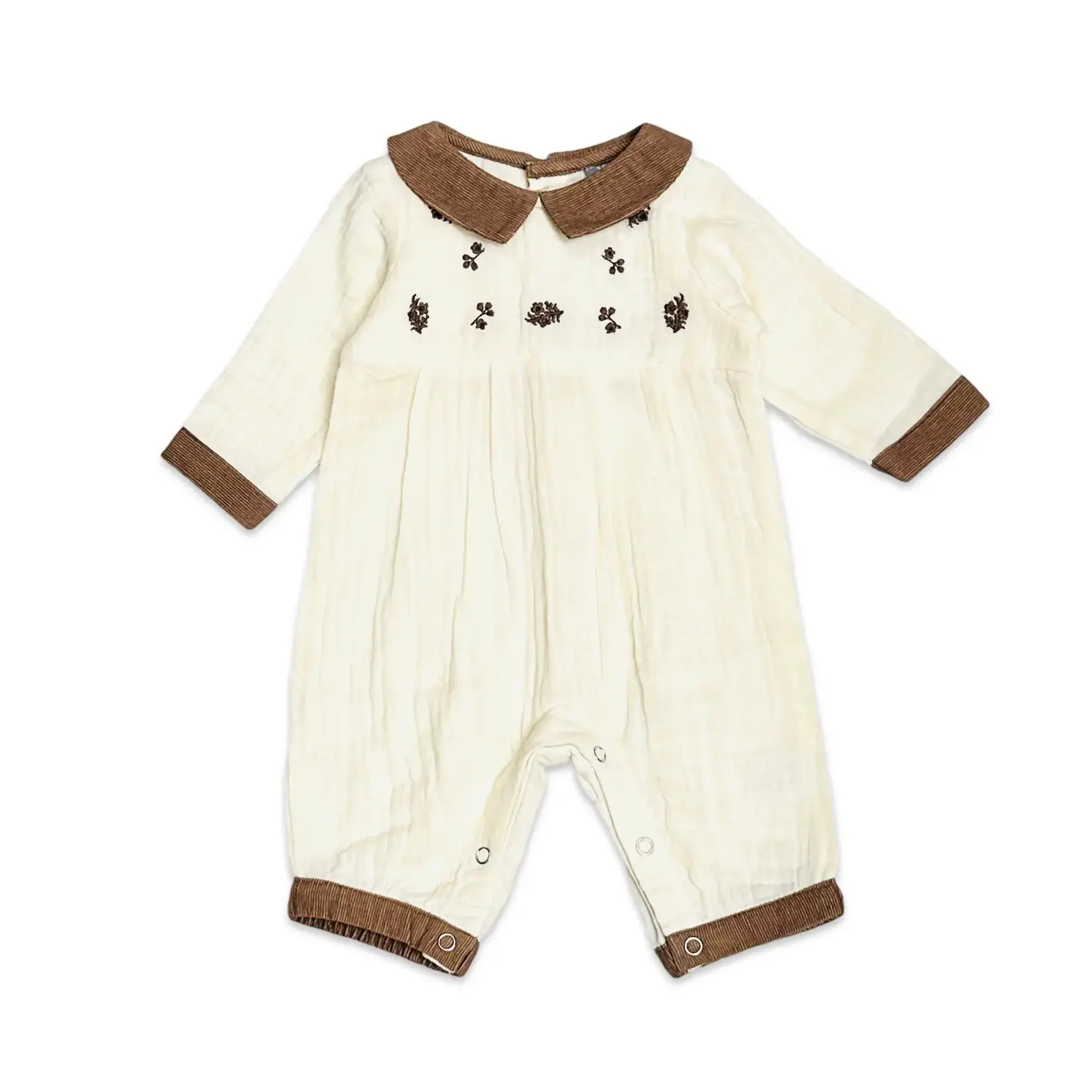 Viverano Organics Embroidered Crinkled Muslin Jumpsuit - Sweet Cream