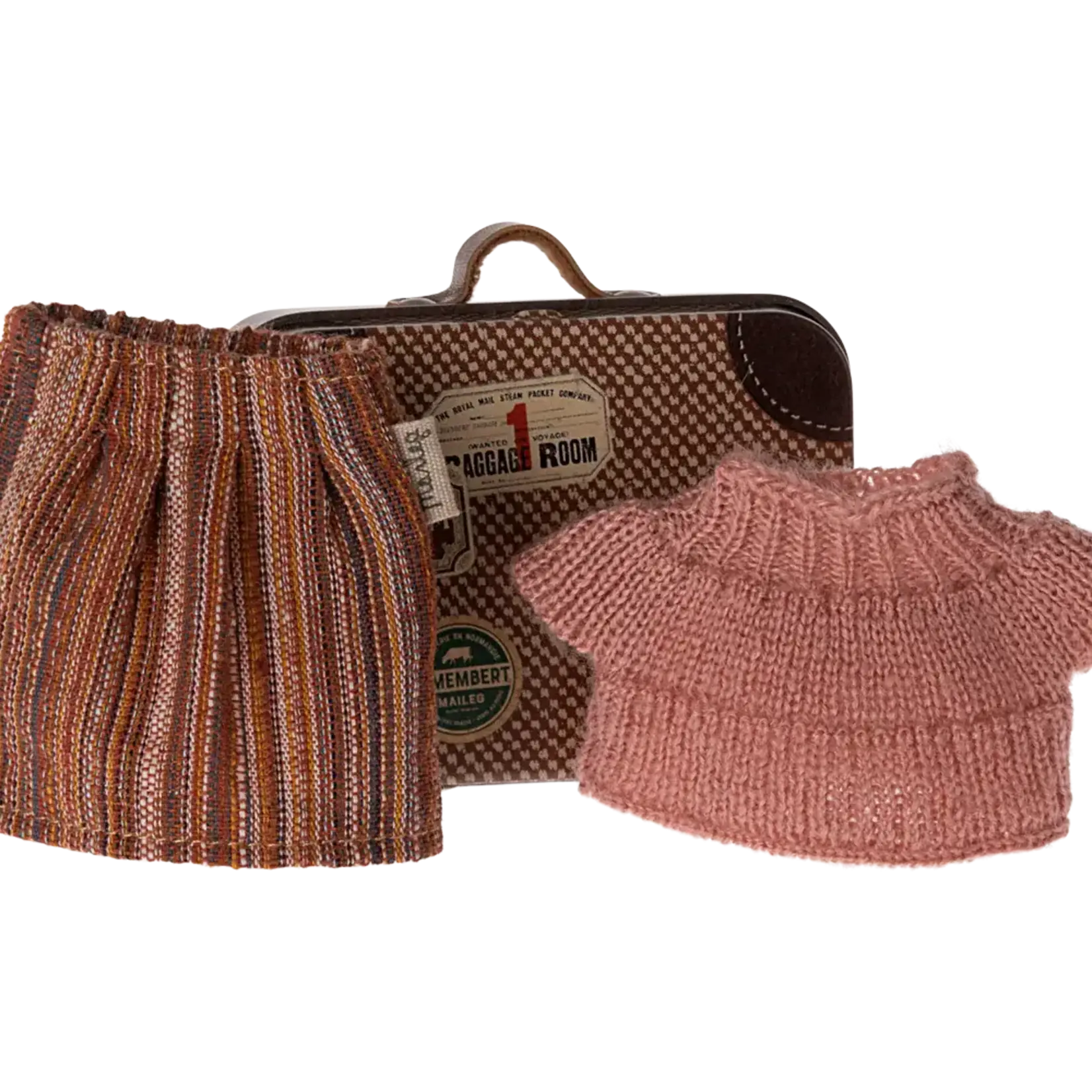 Maileg USA Knitted blouse and skirt in suitcase, Grandma mouse