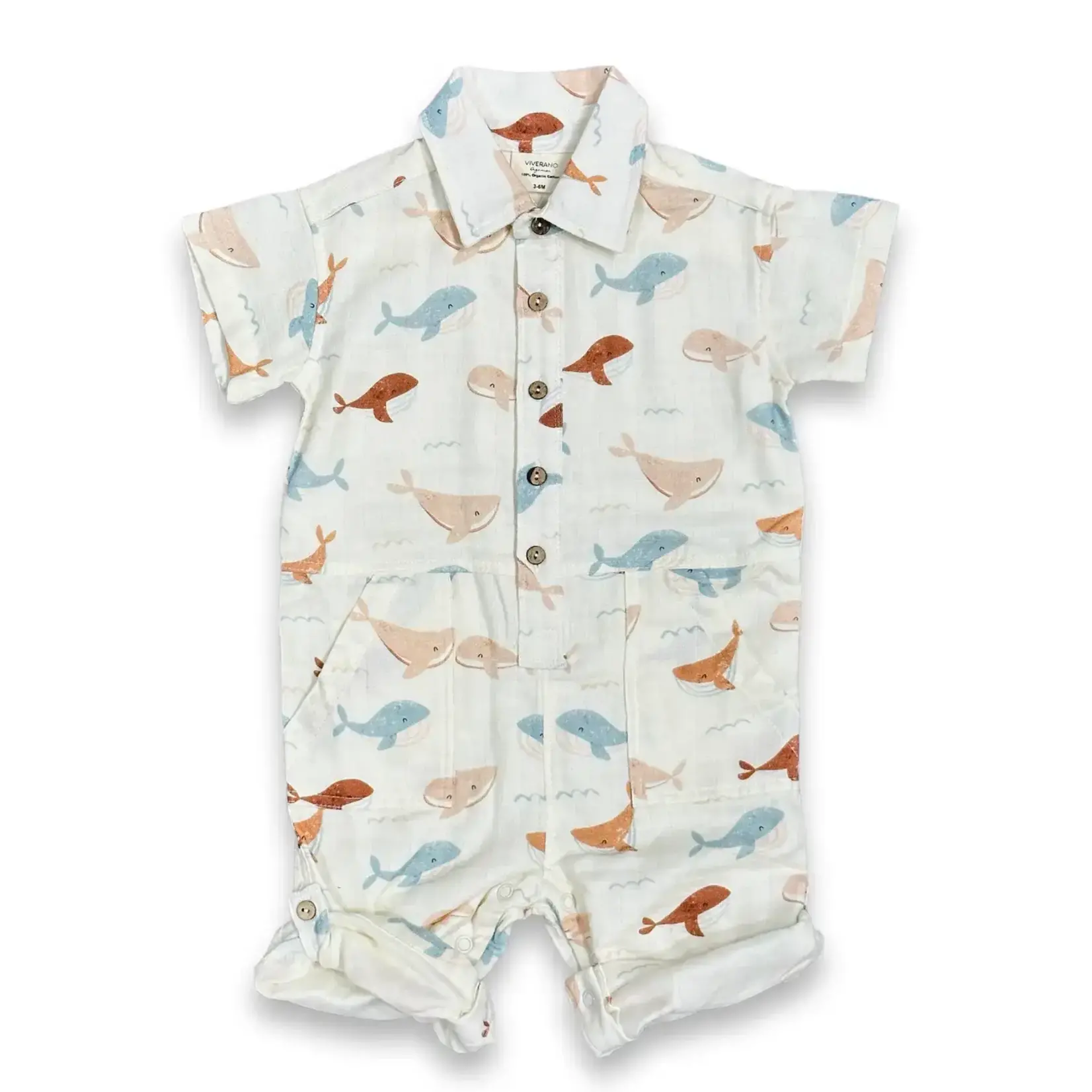 Viverano Organics Whales Collar & Button Playsuit Romper - Natural