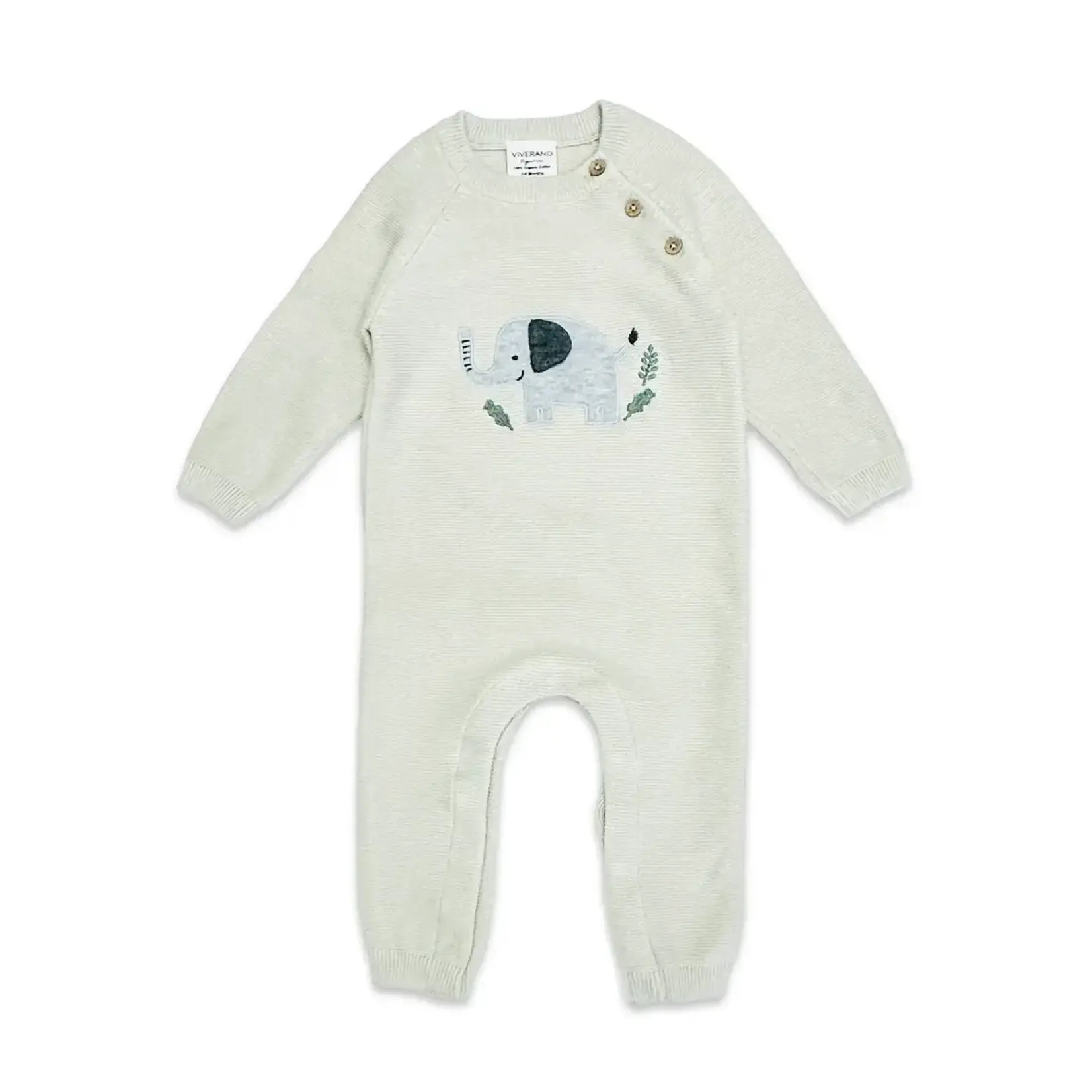 Viverano Organics Elephant Jacquard Sweater Knit Jumpsuit - Stone 0-3M
