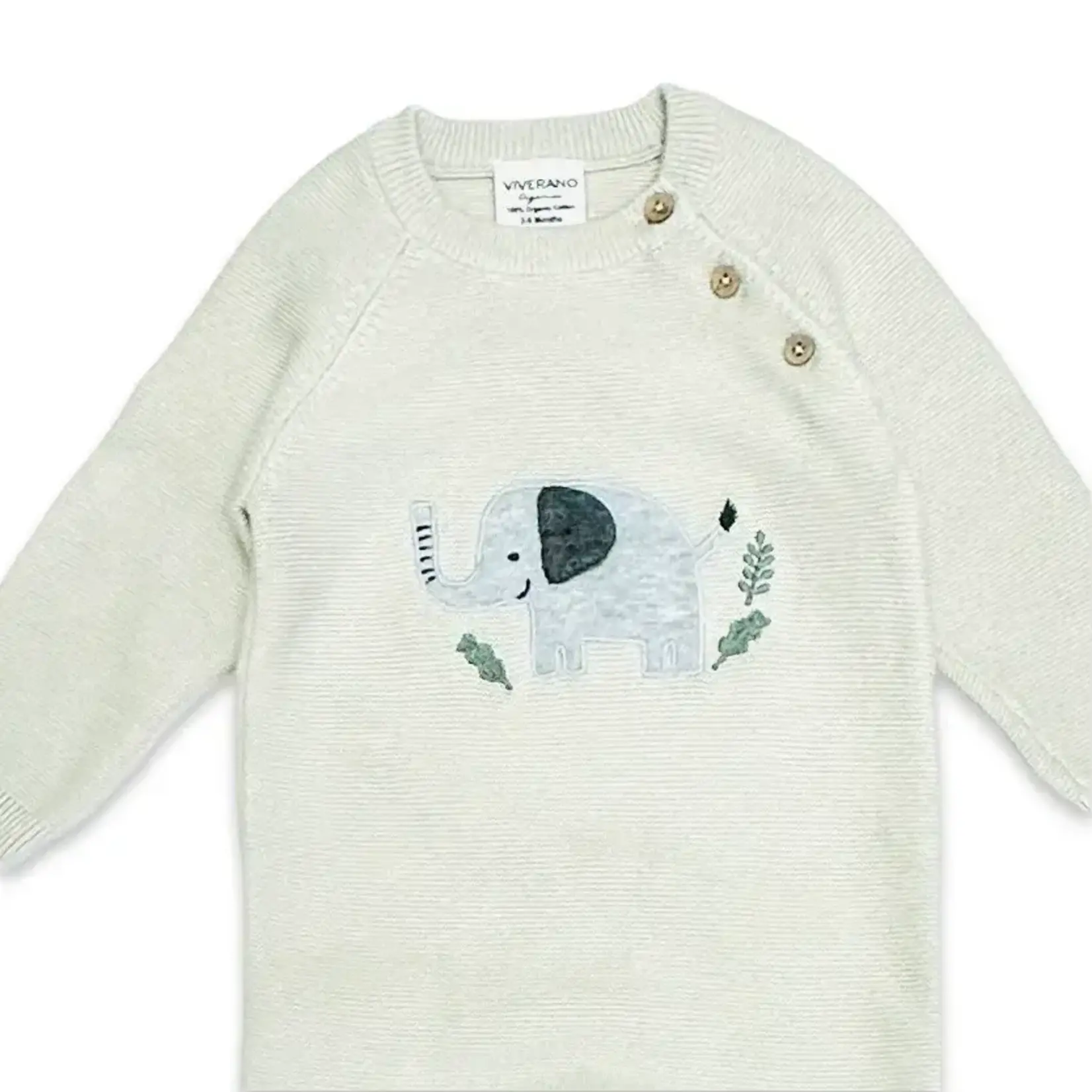 Viverano Organics Elephant Jacquard Sweater Knit Jumpsuit - Stone 0-3M