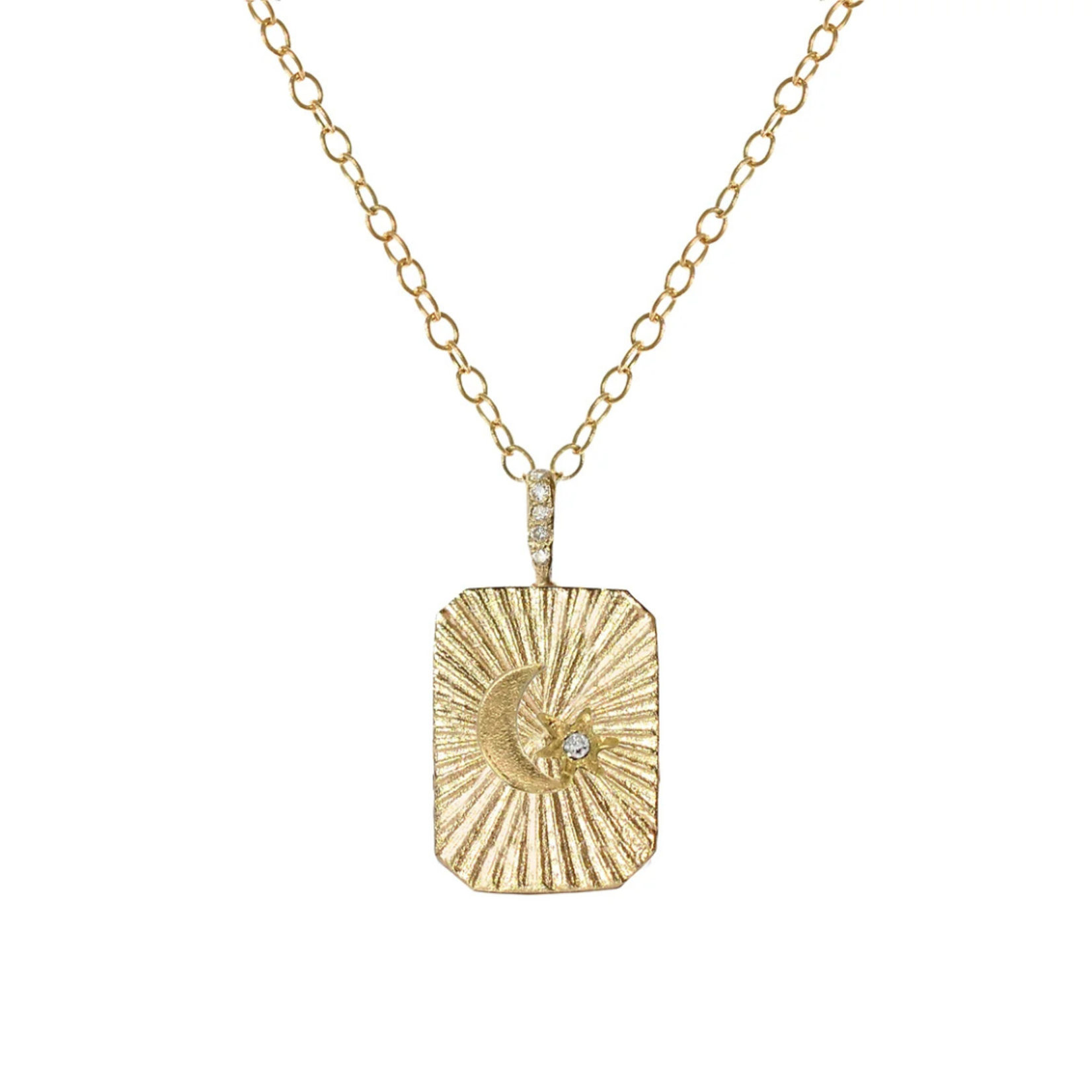 Acanthus Crescent Celestial Star Aura Tag on 18" 14k chain