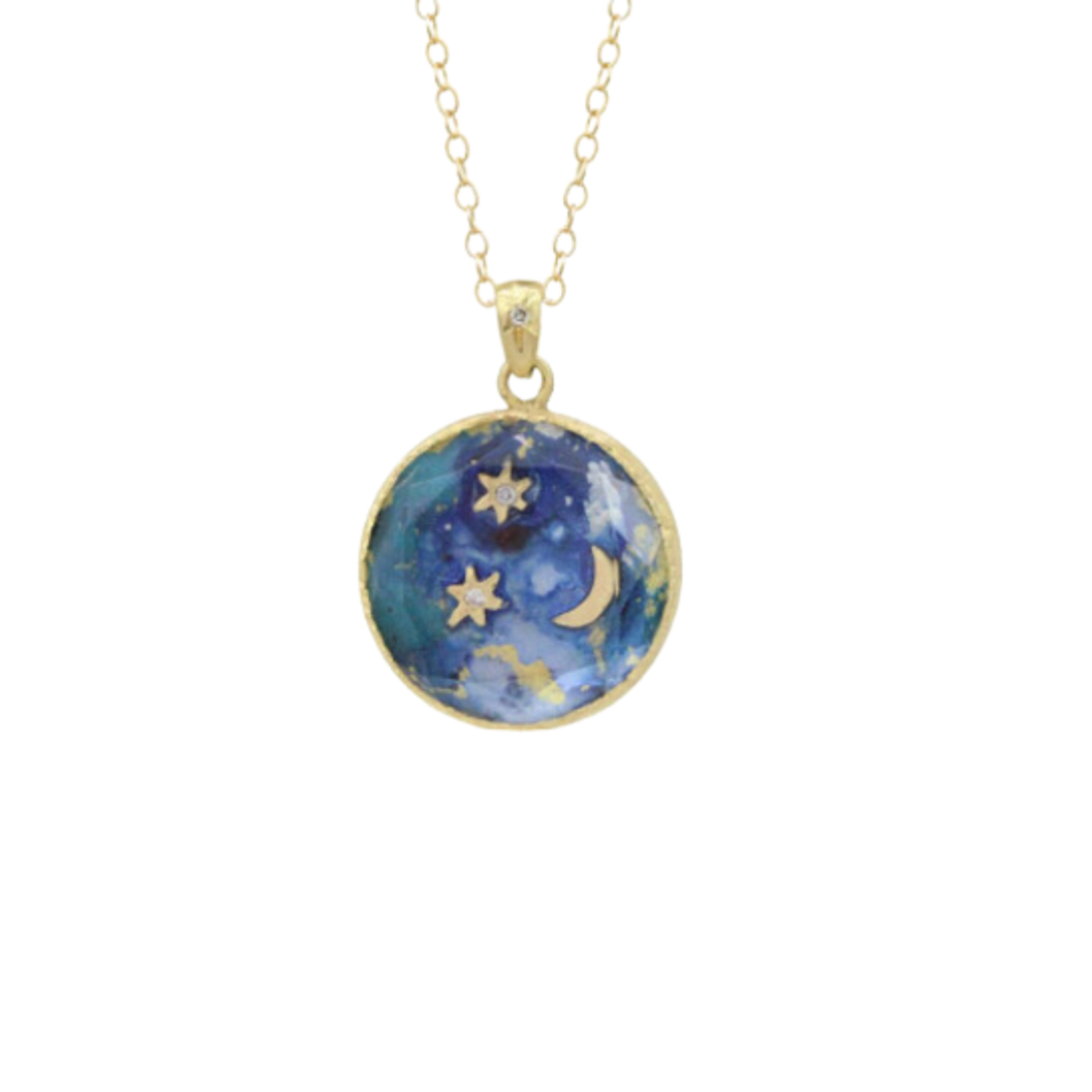 Acanthus Blue Cosmos Hand Painted Nebula Medallion on 20" 14k Chain