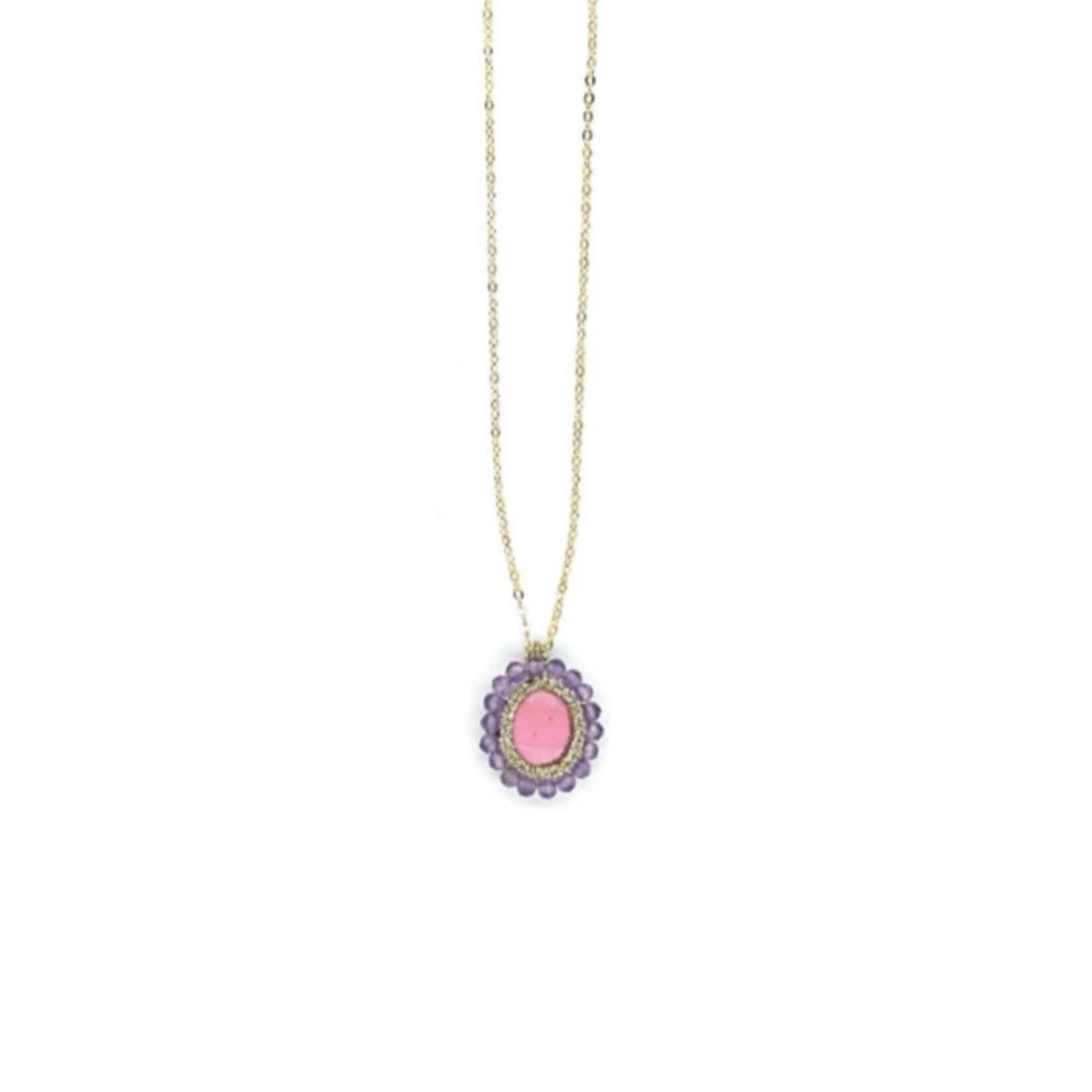 Danielle Welmond Caged Irregular Pink Quartz w/ Gold Cord & Amethyst Orbit on Gold Filled Chain