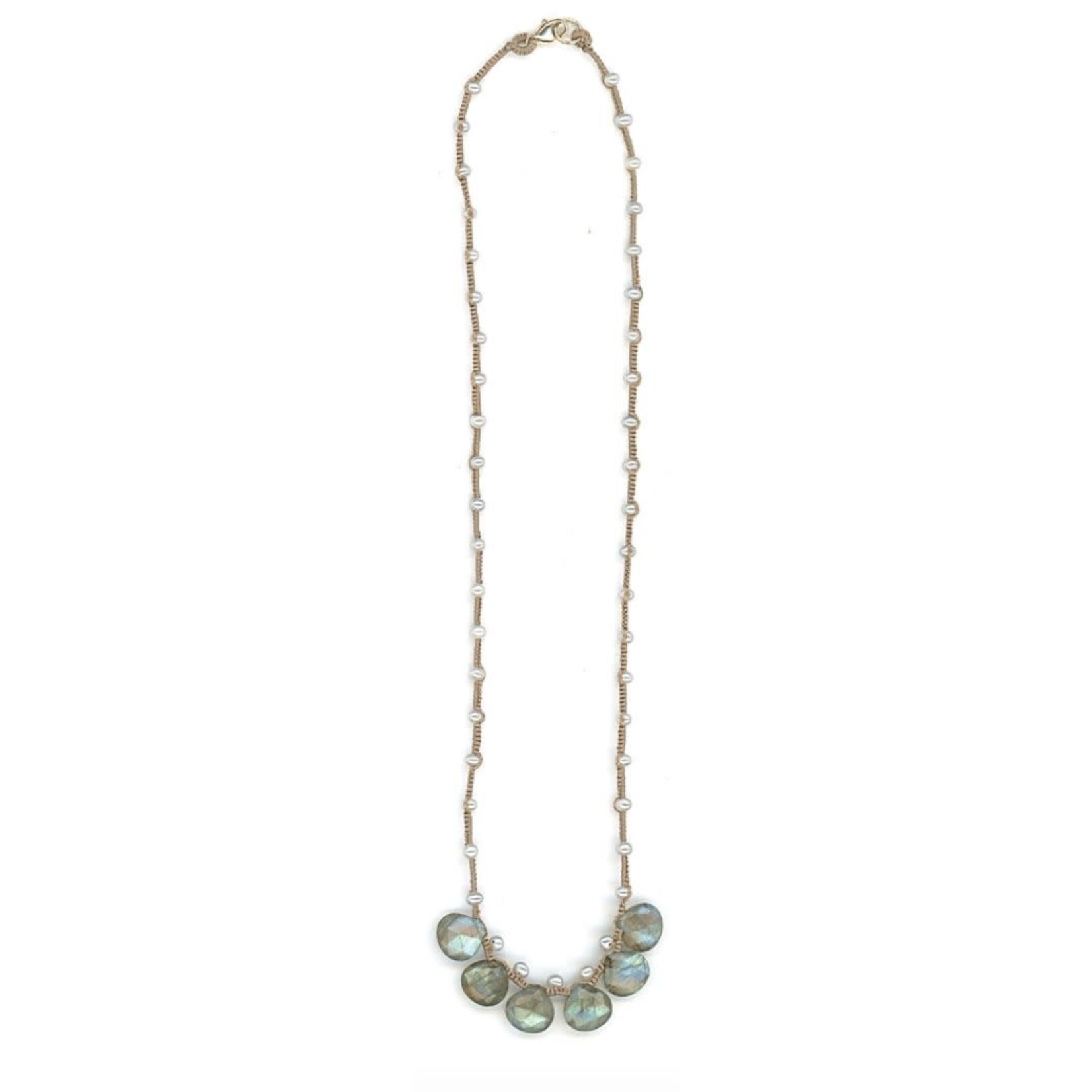 Danielle Welmond Woven Taupe Silk Cord with Silver Pearls & Labradorite Drop