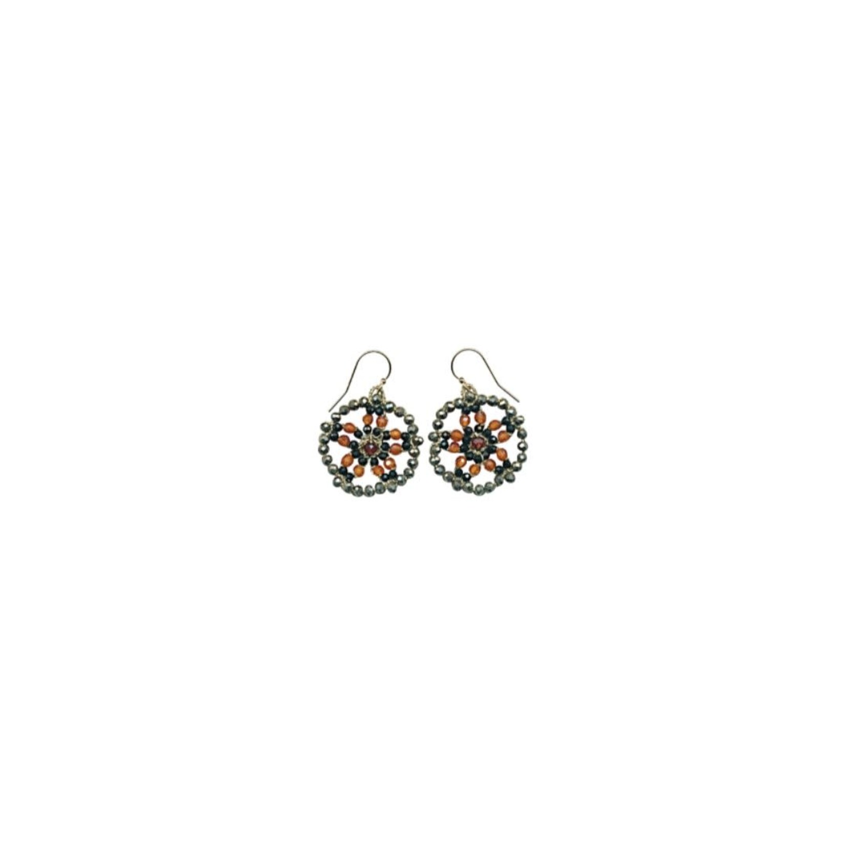 Danielle Welmond Woven Gold Cord Wheel Earrings with Pyrite, Hessonite, Black Spinel & Garnet