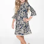 Yo Baby Navy Cherry Blossom Inspired Box Pleat Lace Detail Dress