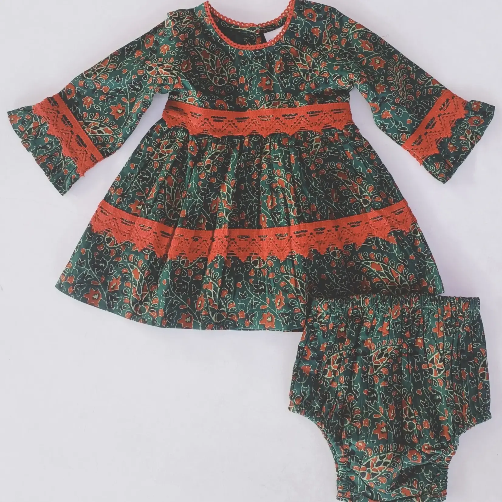 Yo Baby Green & Maroon Printed Lace Dress