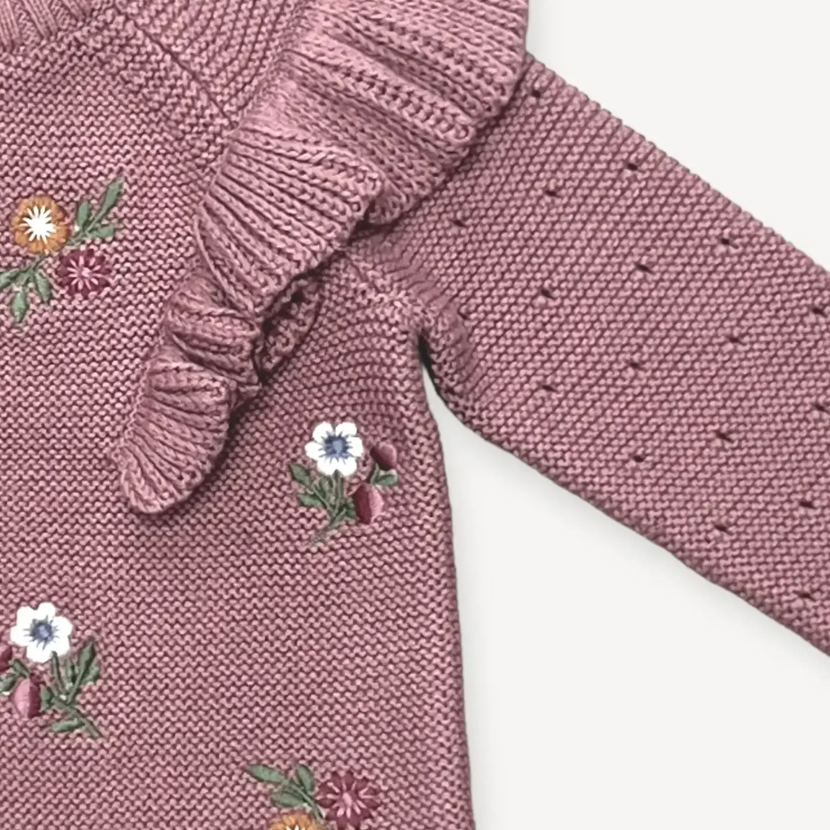 Viverano Organics Floral Ruffle Chunky Knit Cardigan - Vintage Rose