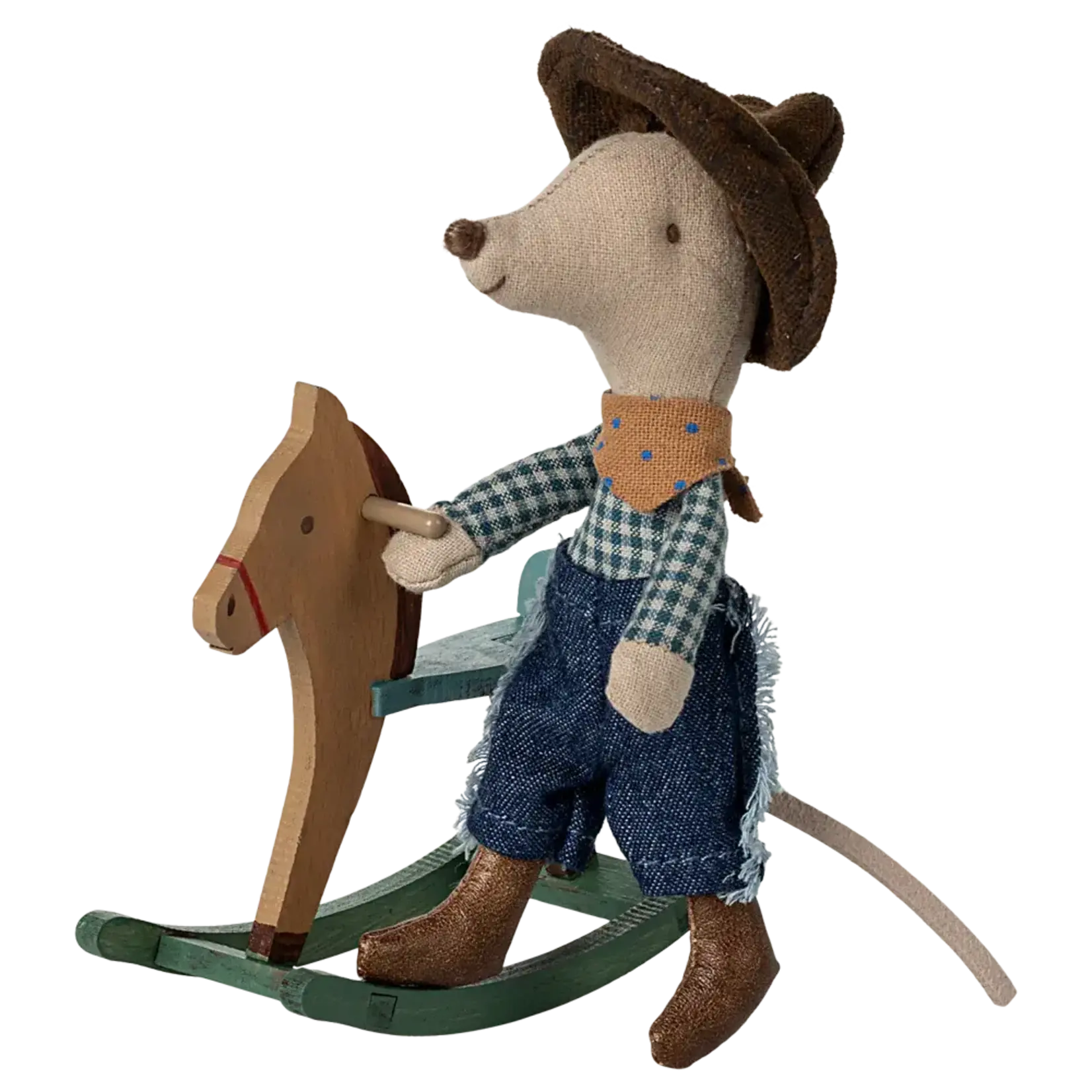 Maileg USA Cowboy mouse on rocking horse, Little brother