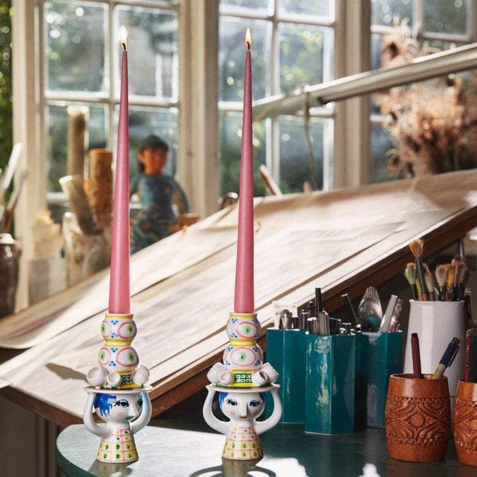 Danish Design Collective Bjørn Wiinblad- Lady w/Hat - 6.3" Hand-Painted Candle Holder