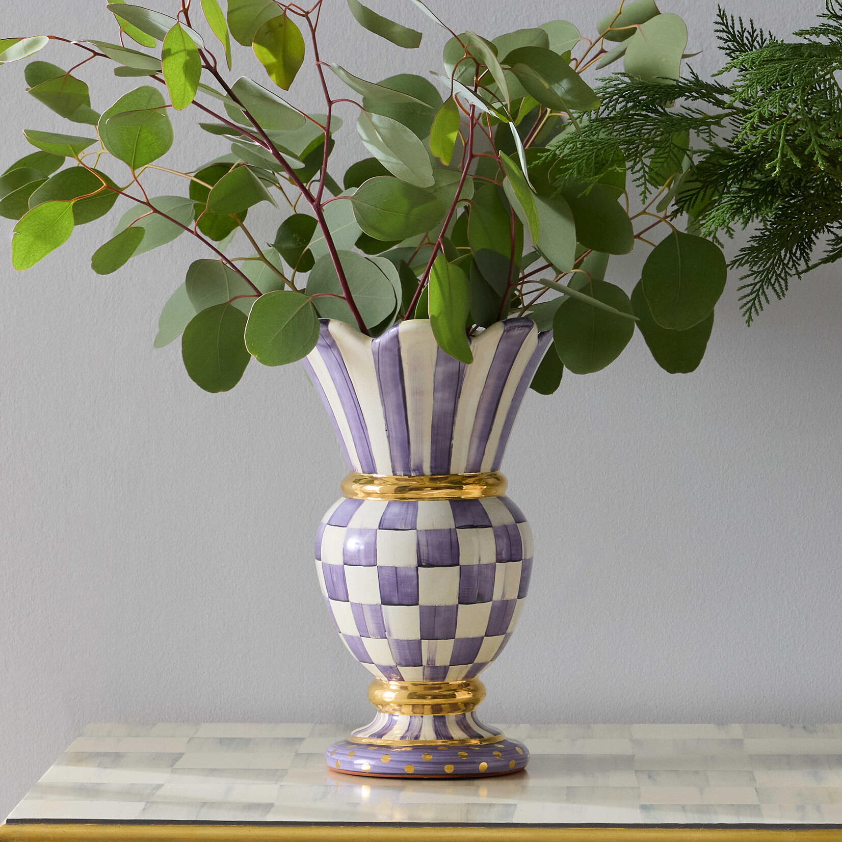 MacKenzie-Childs plum check ceramic great vase