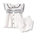 Viverano Organics Celine White Seersucker Smocked Baby Dress + Bloomer Organic