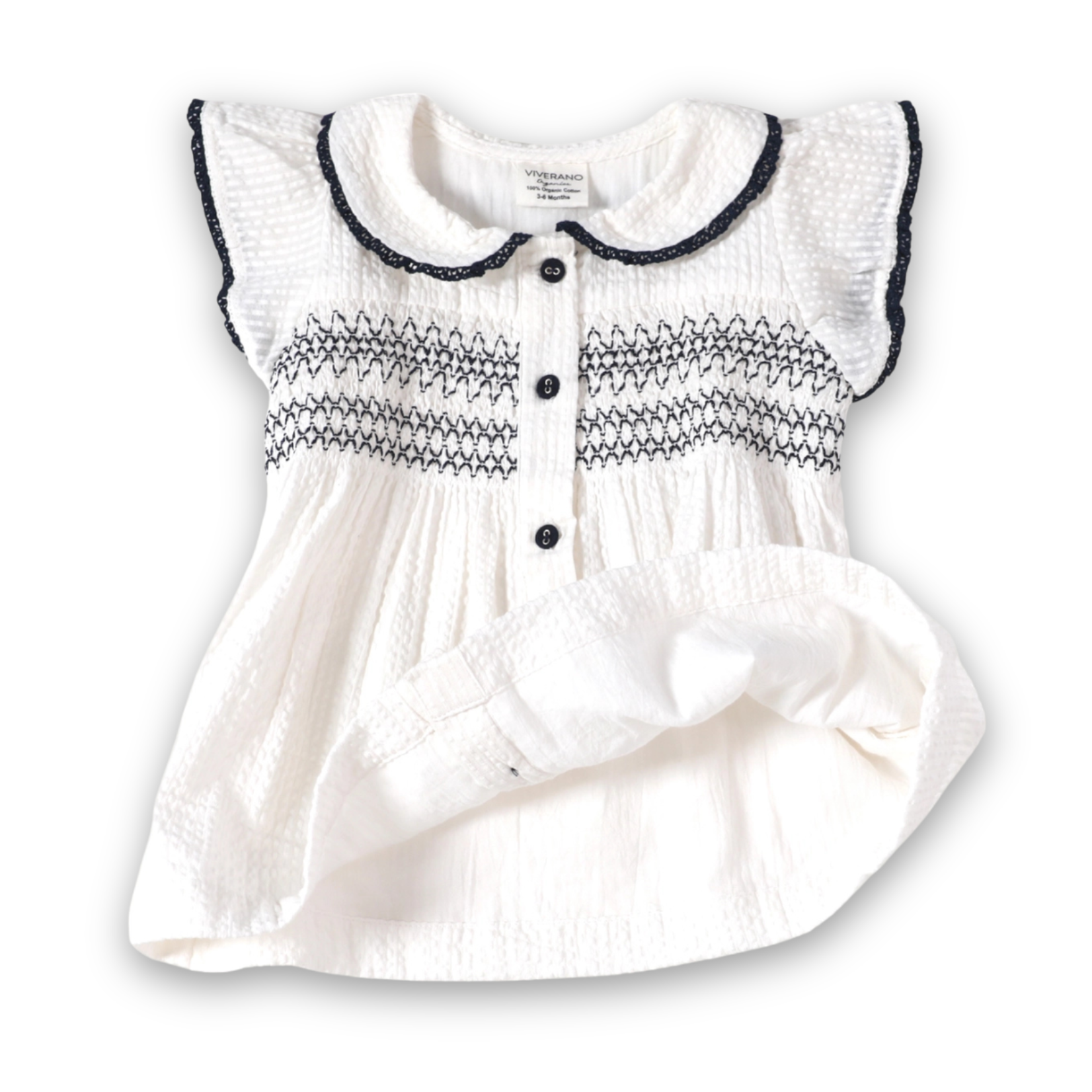 Viverano Organics Celine White Seersucker Smocked Baby Dress + Bloomer Organic
