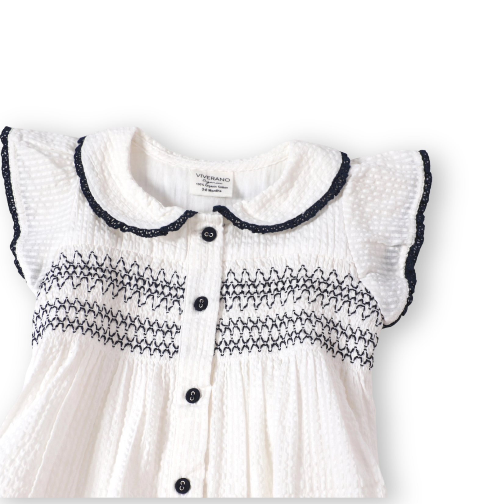Viverano Organics Celine White Seersucker Smocked Baby Dress + Bloomer Organic