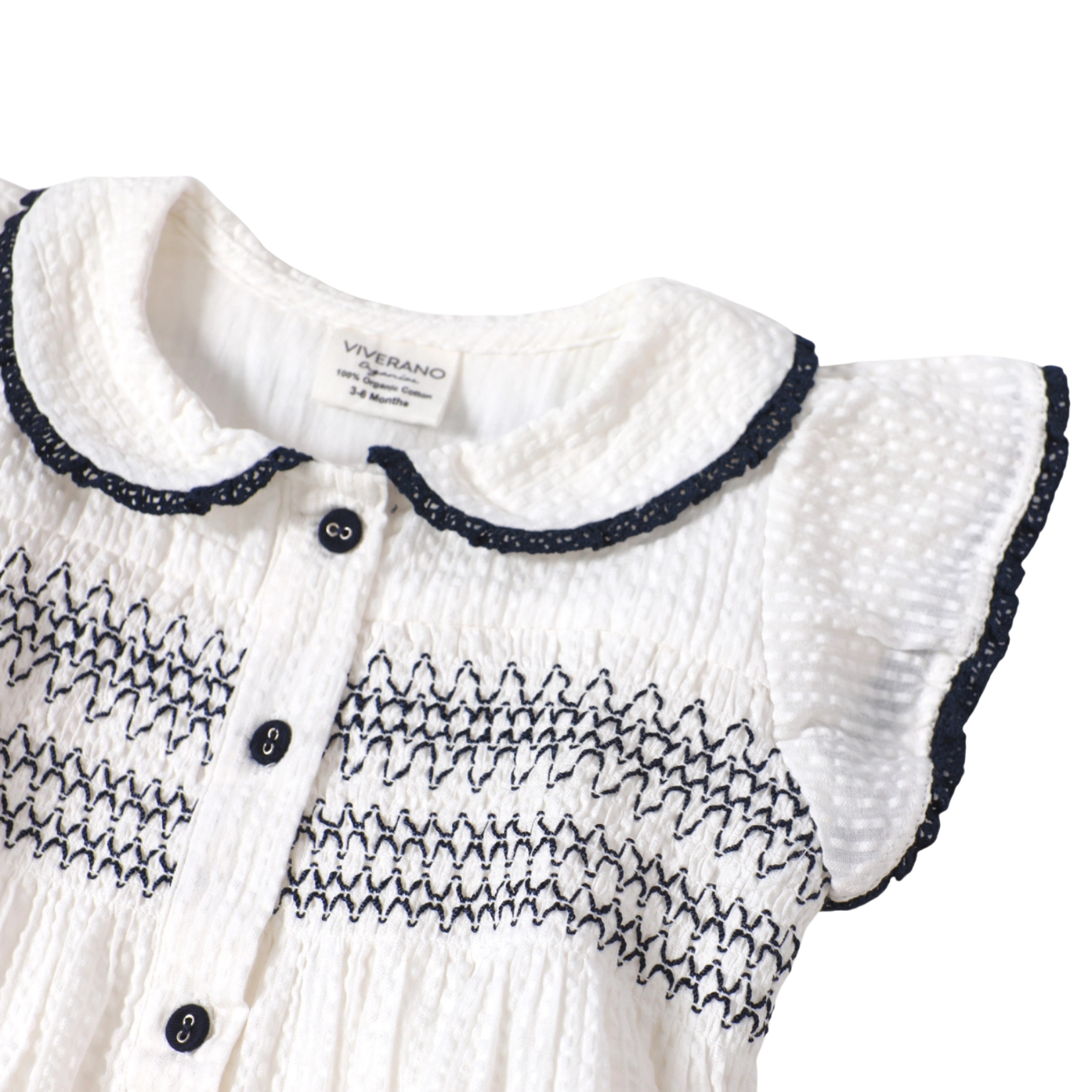 Viverano Organics Celine White Seersucker Smocked Baby Dress + Bloomer Organic