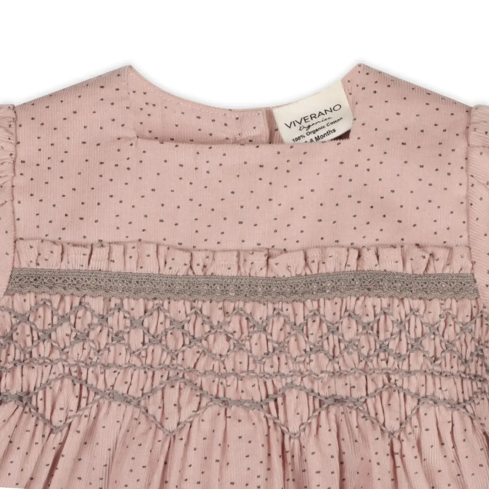 Viverano Organics Smocked & Embroidered Corduroy Baby Dress & Bloomer -Organic Pastel Pink