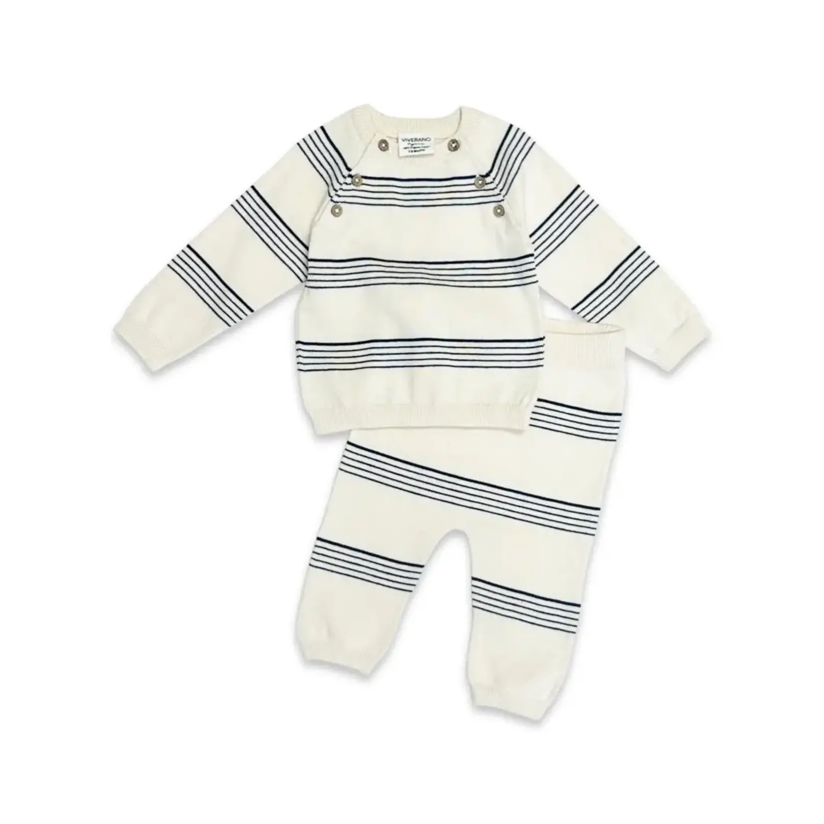 Viverano Organics Stripe Sweater Knit Baby Pullover & Pants 2pc Set (Organic) Natural/ Navy Stripe
