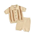 Viverano Organics Tennis Collar & Stripe Knit Top & Shorts Set -Organic Cotton Oat Heather/ Tan Stripe