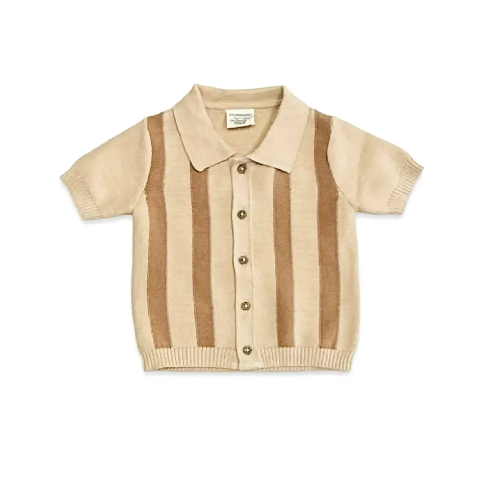 Viverano Organics Tennis Collar & Stripe Knit Top & Shorts Set -Organic Cotton Oat Heather/ Tan Stripe