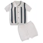 Viverano Organics Tennis Collar & Stripe Knit Top & Shorts Set -Organic Cotton Pearl Grey Heather/Navy Stripe