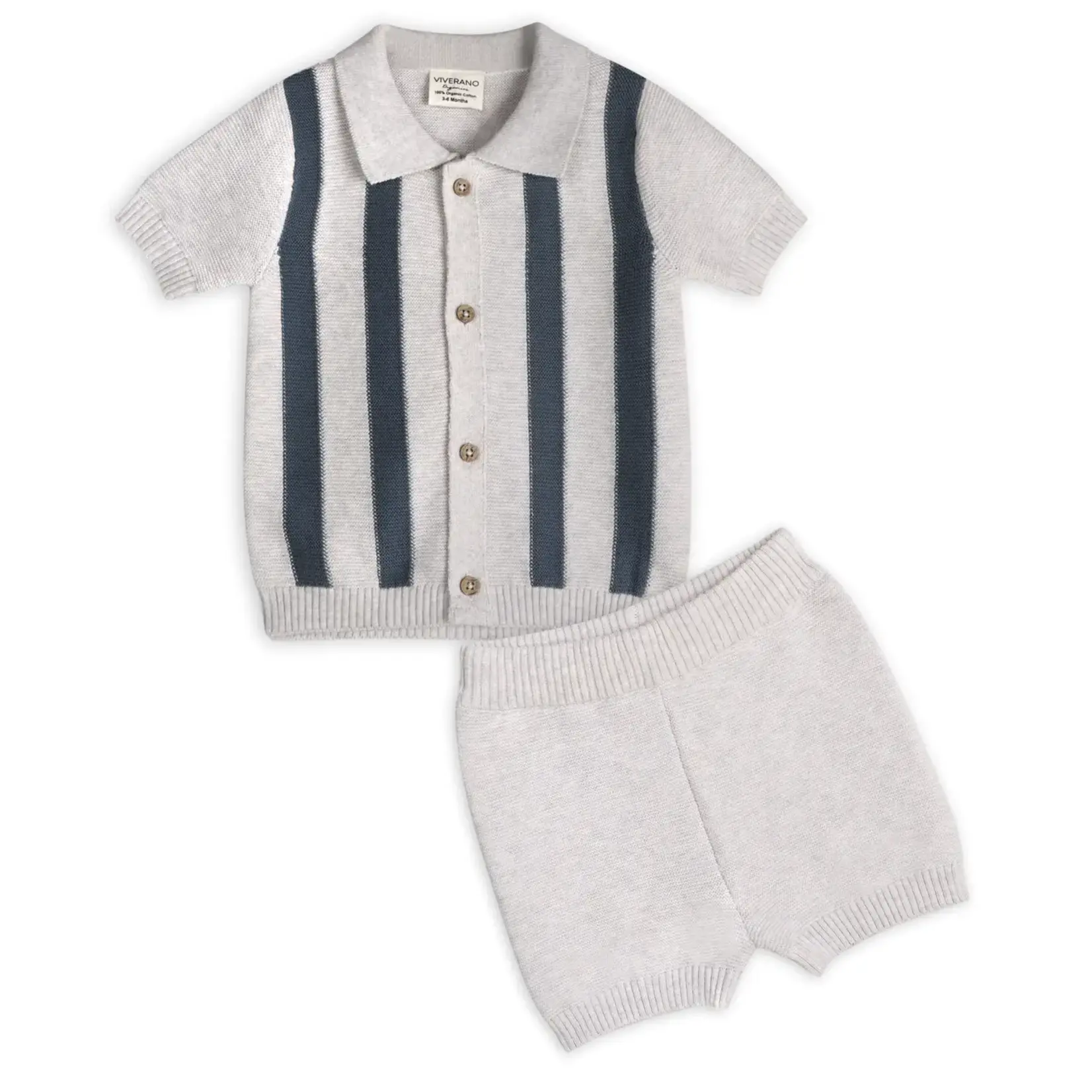 Viverano Organics Tennis Collar & Stripe Knit Top & Shorts Set -Organic Cotton Pearl Grey Heather/Navy Stripe
