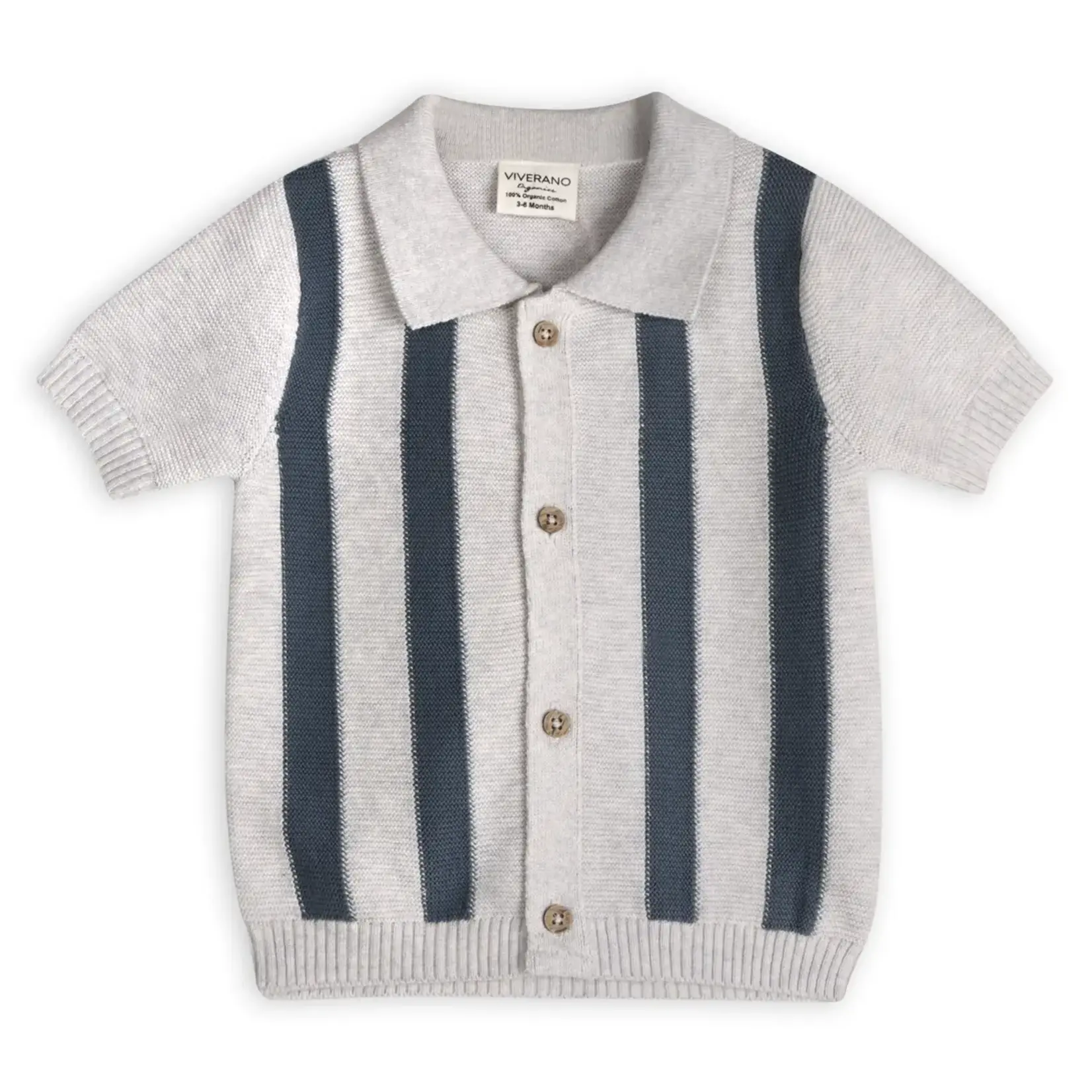 Viverano Organics Tennis Collar & Stripe Knit Top & Shorts Set -Organic Cotton Pearl Grey Heather/Navy Stripe