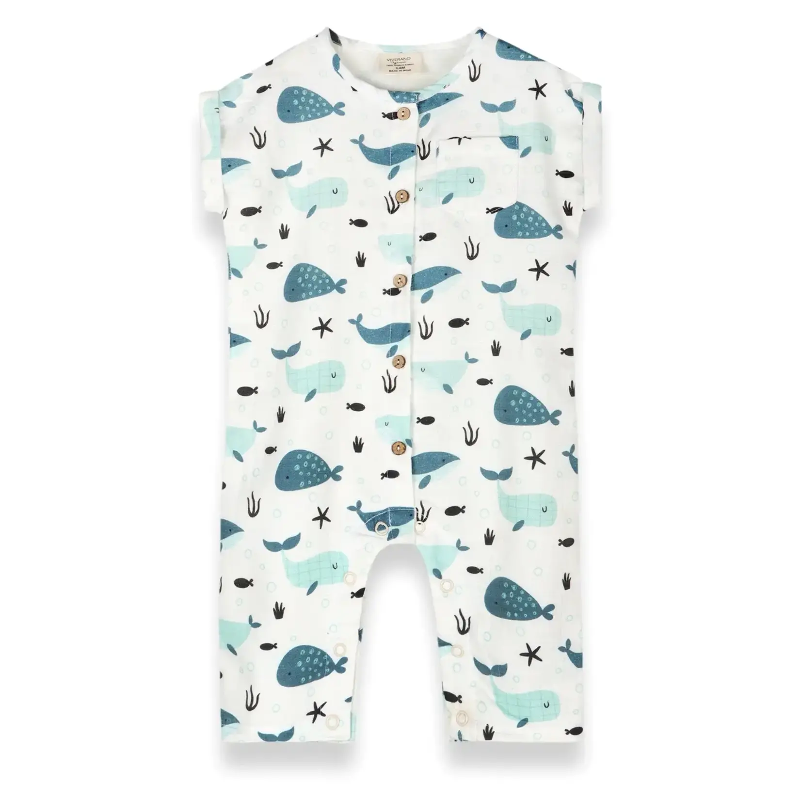Viverano Organics Whales Rolled Sleeve Baby Jumpsuit (Organic Muslin)