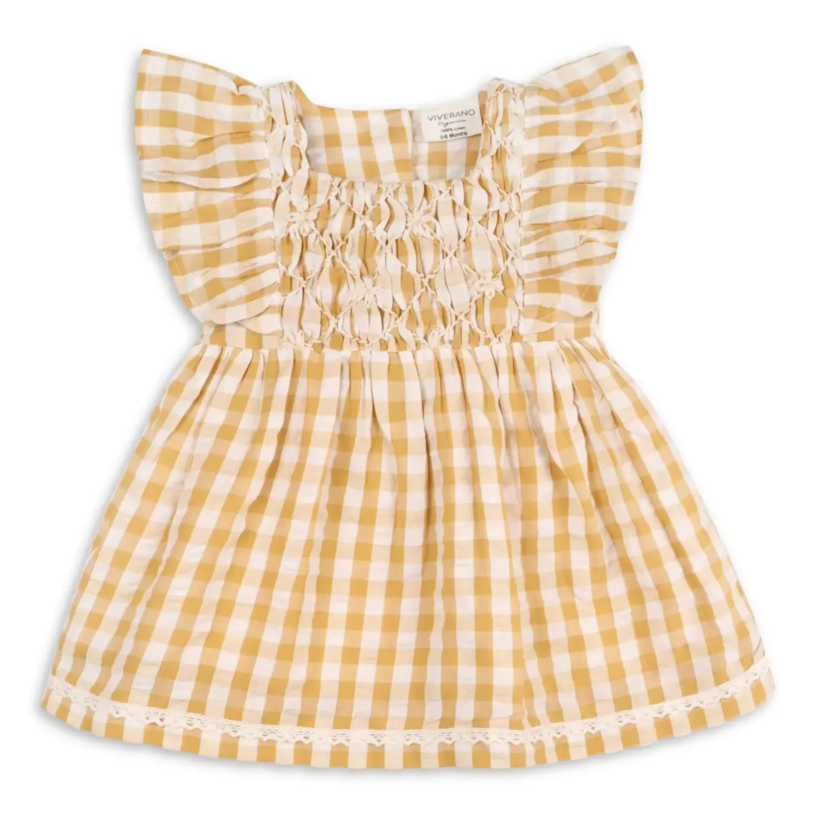 Viverano Organics Alina Hand-Smocked Seersucker Baby Dress + Bloomer (Organic) Mustard Gingham