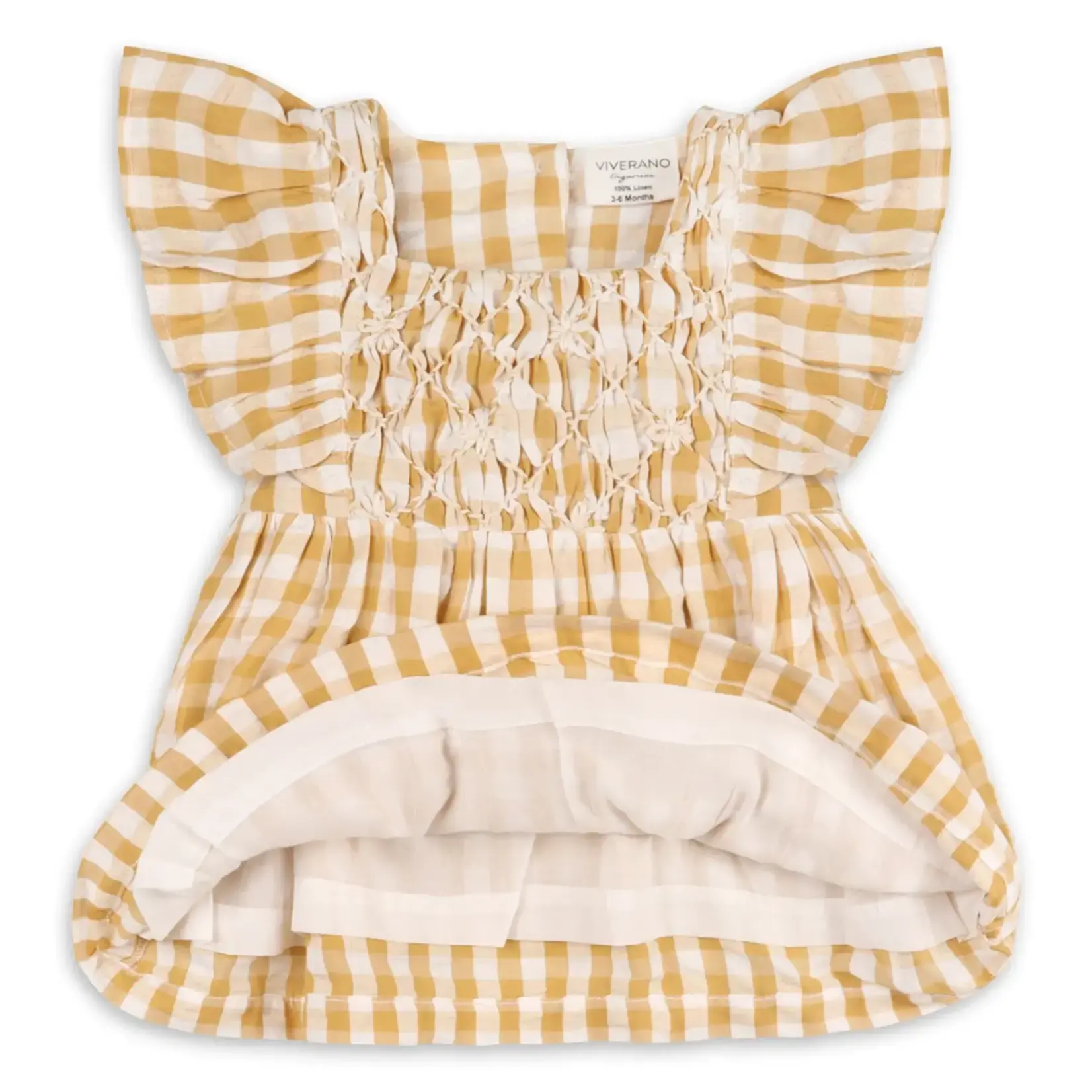 Viverano Organics Alina Hand-Smocked Seersucker Baby Dress + Bloomer (Organic) Mustard Gingham