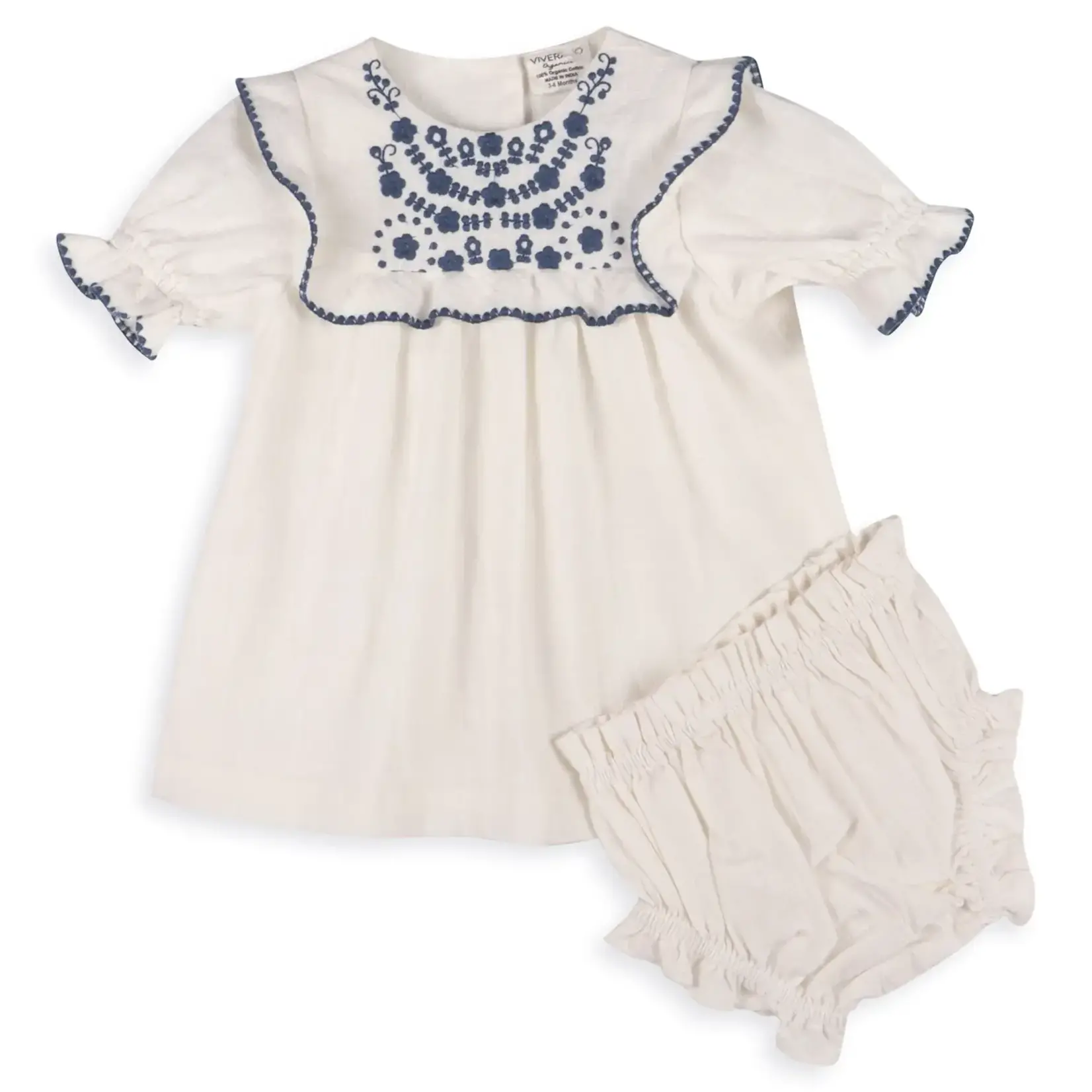 Viverano Organics Cadence Floral Embroidered Baby Dress + Bloomer (Organic) Coconut Milk