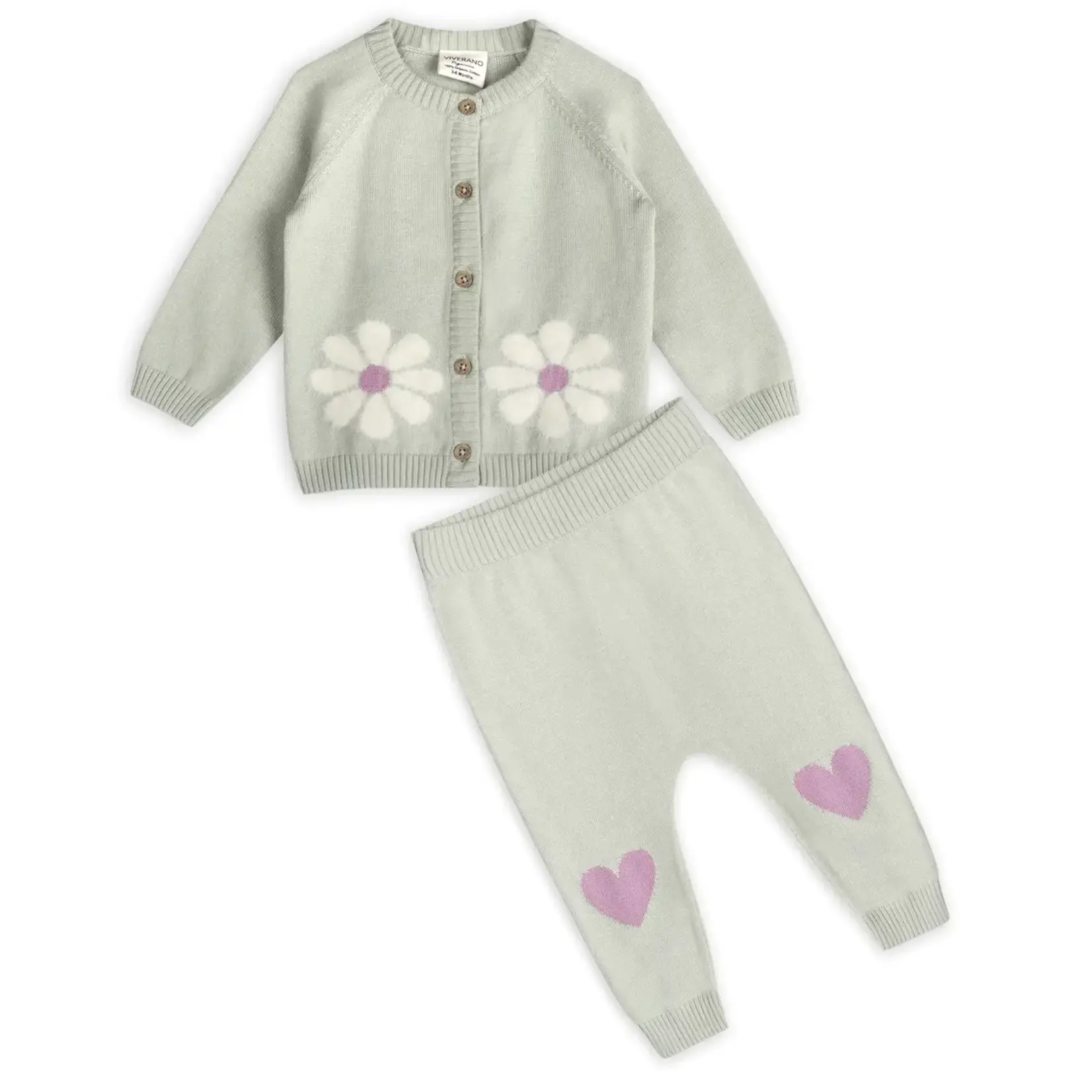 Viverano Organics Flower & Heart Baby Sweater Cardigan & Pants Set -Organic Sage Green