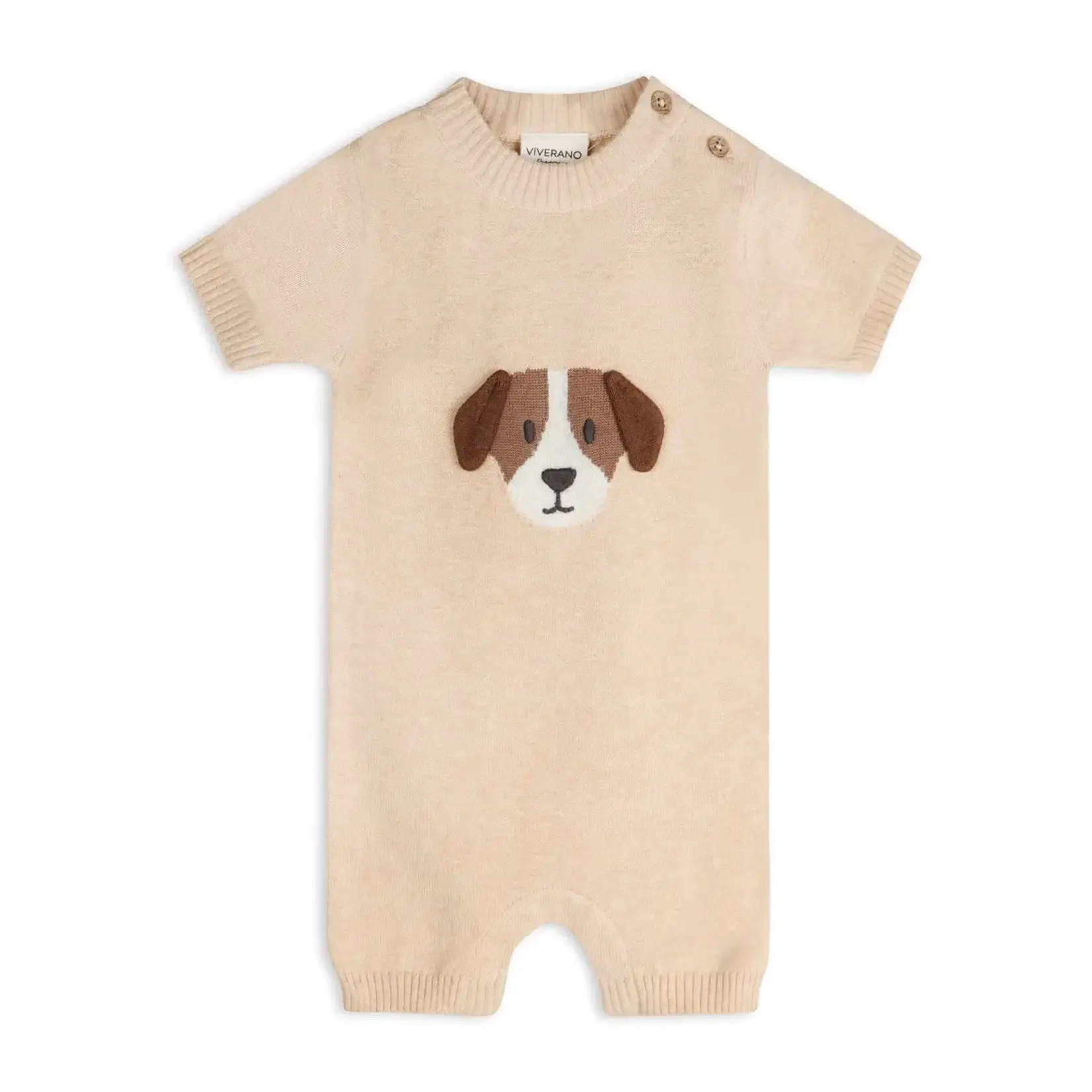 Viverano Organics Puppy Dog Applique 3D Knit Baby Romper (Organic Cotton) Oat Heather
