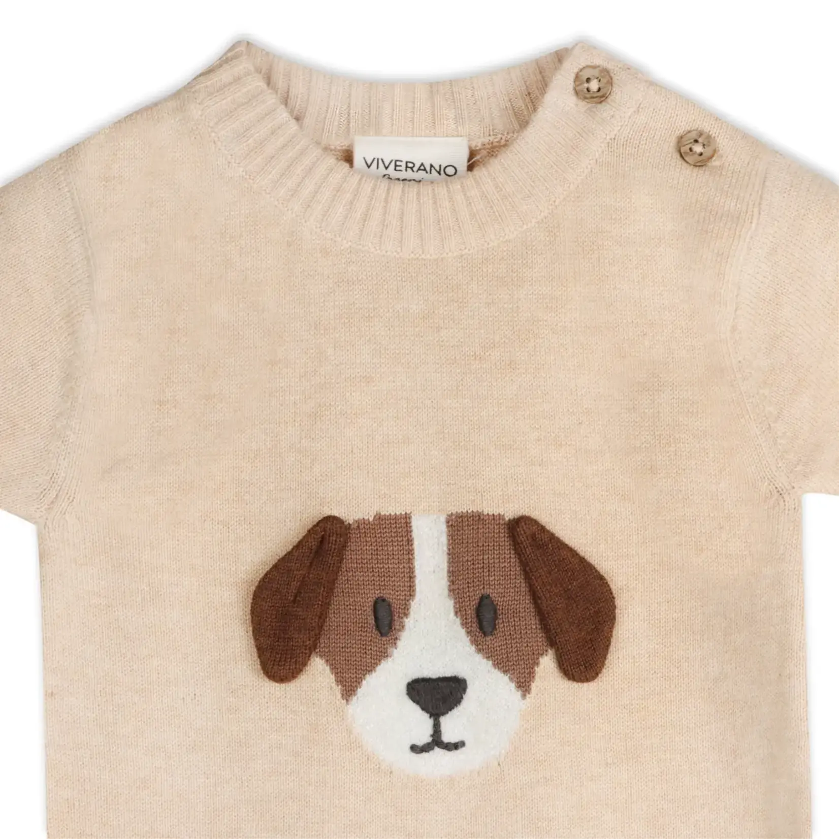 Viverano Organics Puppy Dog Applique 3D Knit Baby Romper (Organic Cotton) Oat Heather