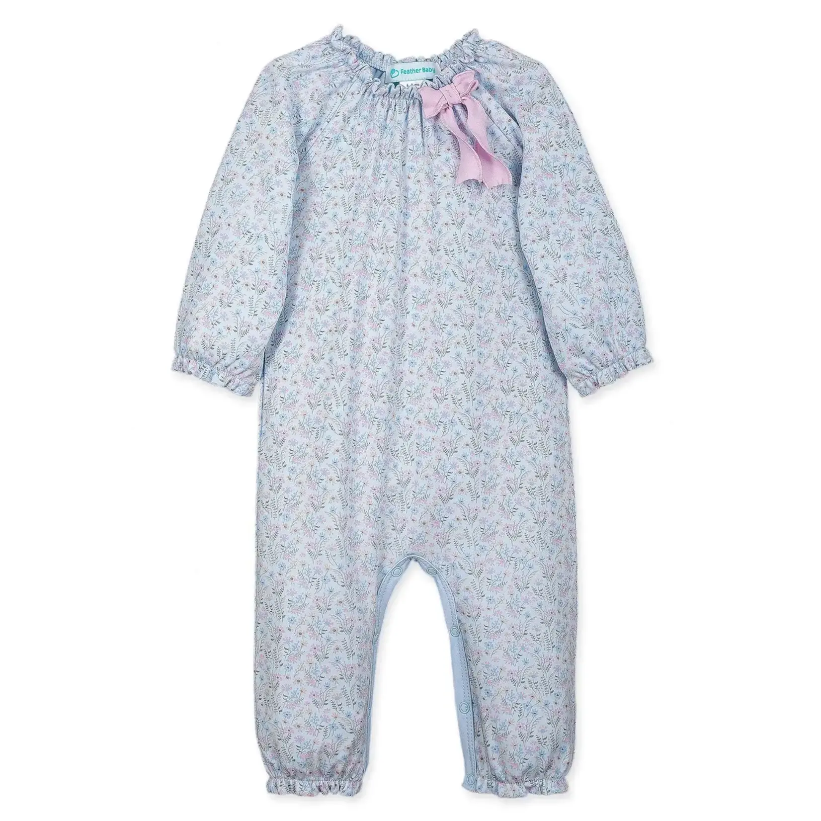 Feather Baby Bow Romper - Avery On Baby Blue - Pima Cotton Girls Outfit