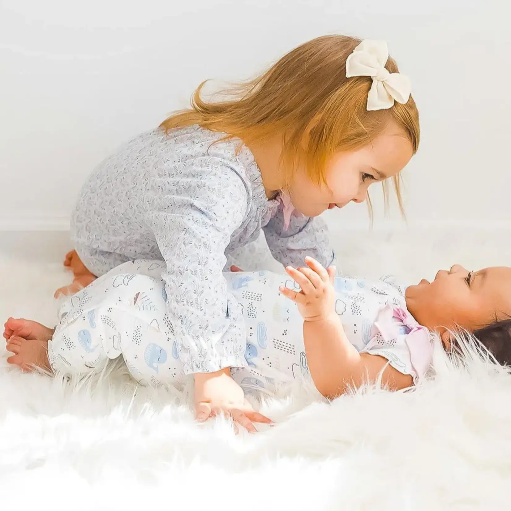 Feather Baby Bow Romper - Avery On Baby Blue - Pima Cotton Girls Outfit