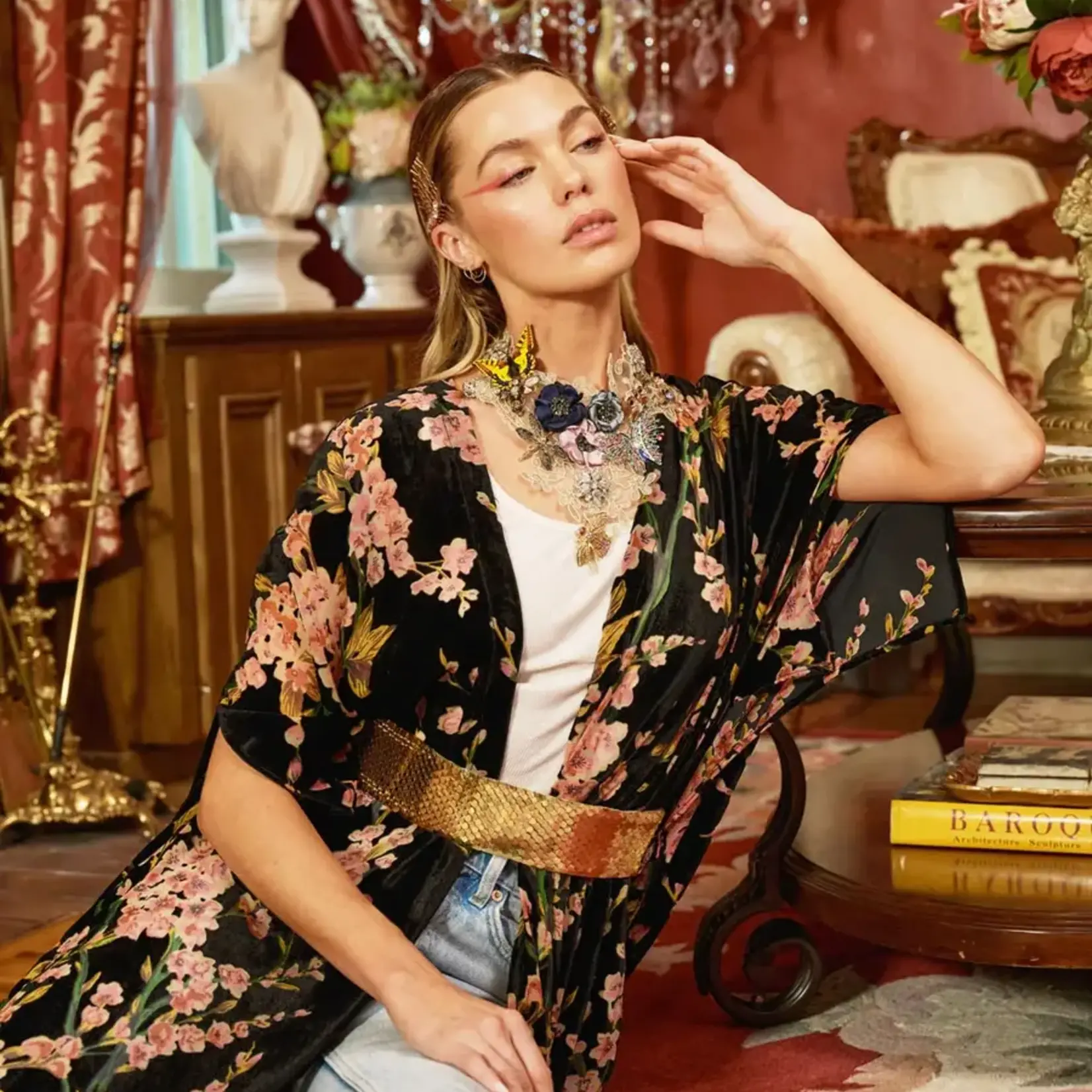 Aratta Holiday Garden Burnout Velvet Kimono / Topper