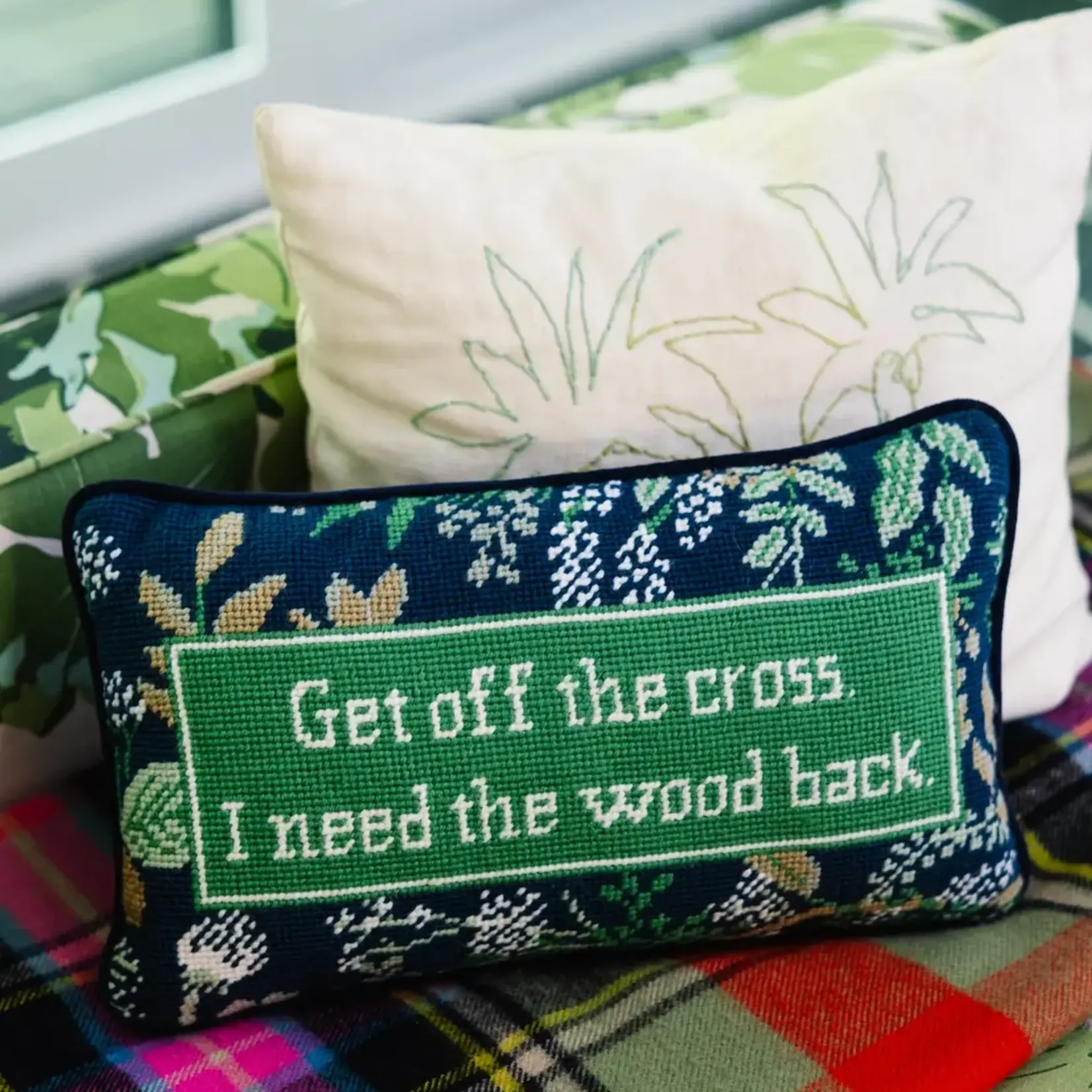 Furbish Studio Get Off the Cross Needlepoint Pillow