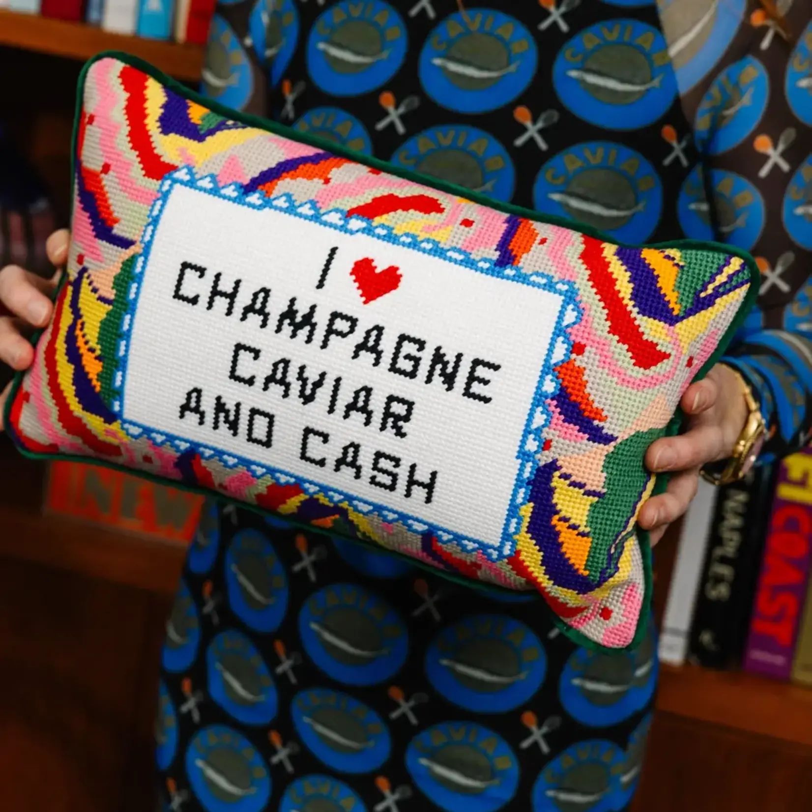 Furbish Studio Caviar and Cash Needlepoint Pillow