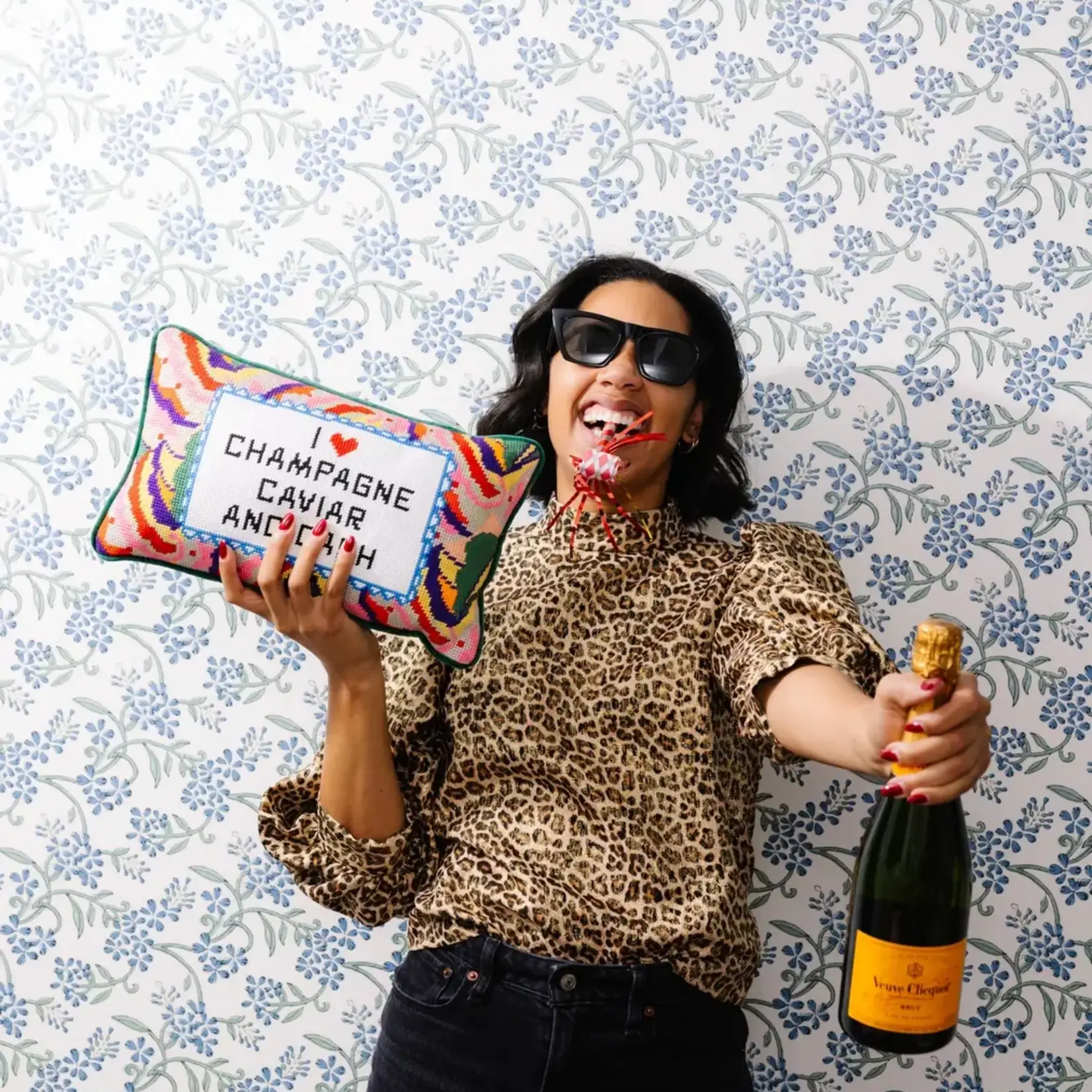 Furbish Studio Caviar and Cash Needlepoint Pillow