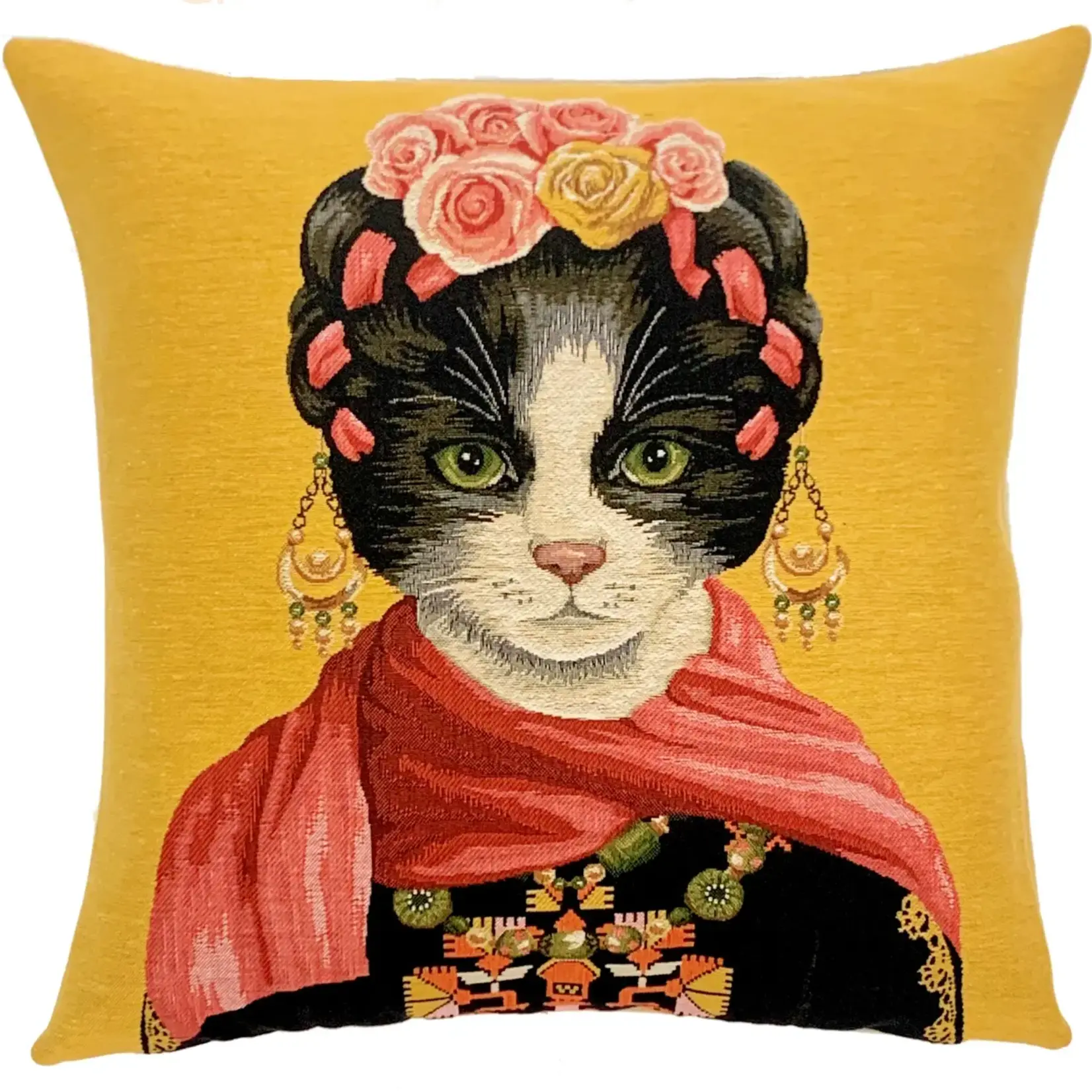 yapatkwa - art of the loom Frida Kahlo Cat with Scarf Pillow Cover