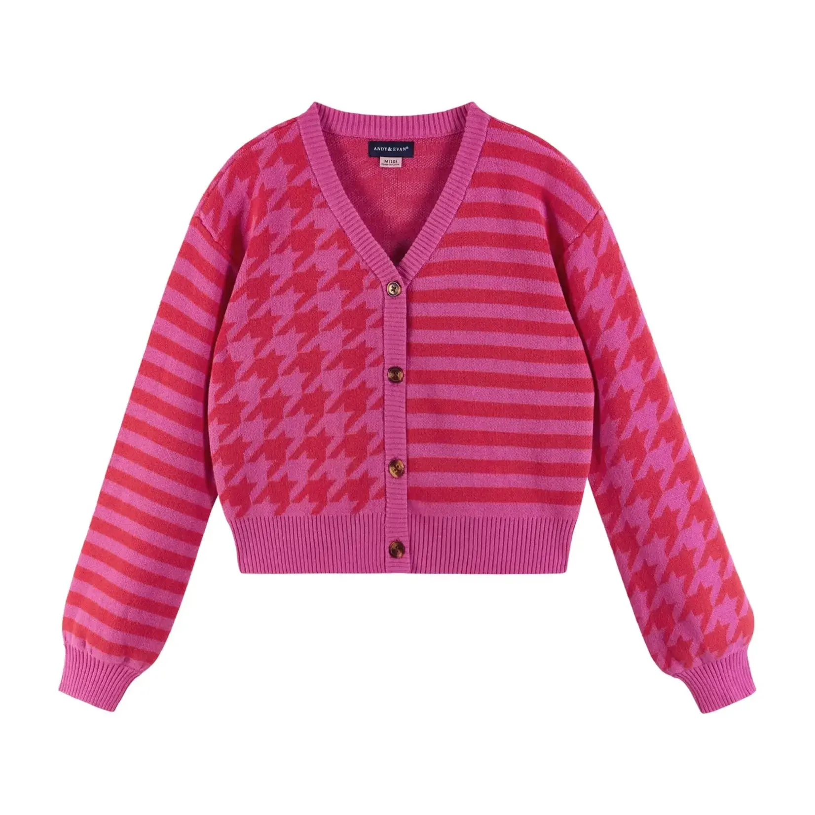 Andy & Evan Pink & Red Houndstooth N' Striped Cropped Cardigan