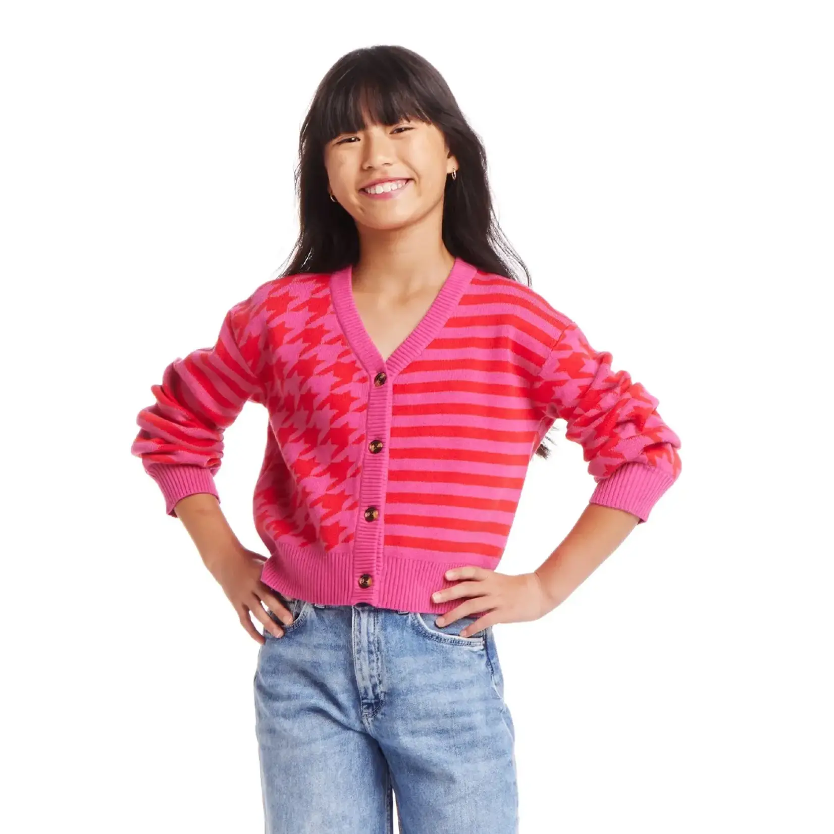 Andy & Evan Pink & Red Houndstooth N' Striped Cropped Cardigan