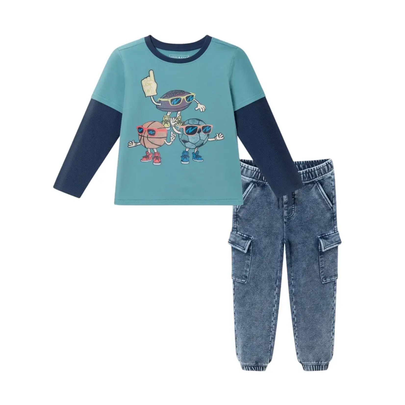 Andy & Evan Blue Sports Twofer Tee & Terry Pants Set