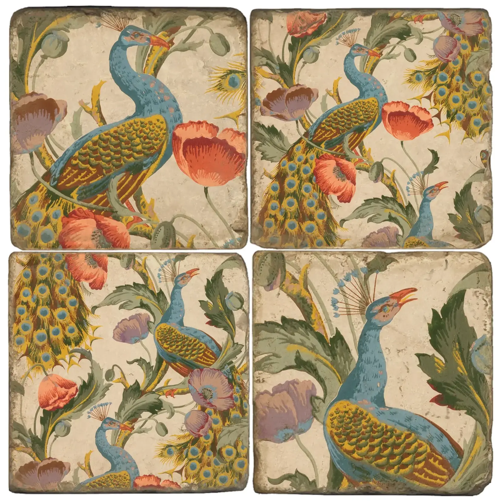 Peacock Patterns - Tumbled Marble Coasters Set/4